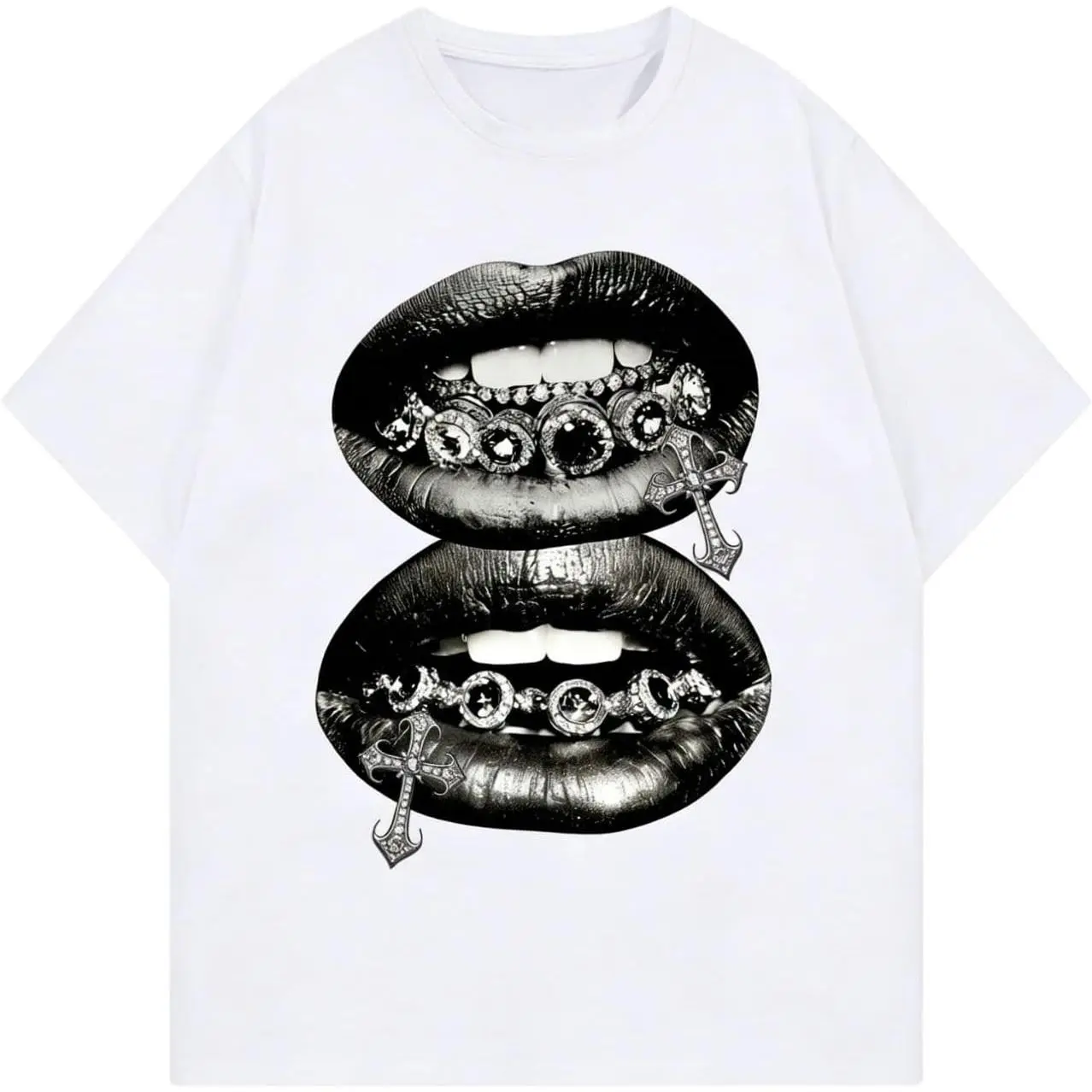 Graphic Tees for Women Lips Print 2000s Clothing Short Sleeve Graphic T Shirts Y2k Going Out Tops