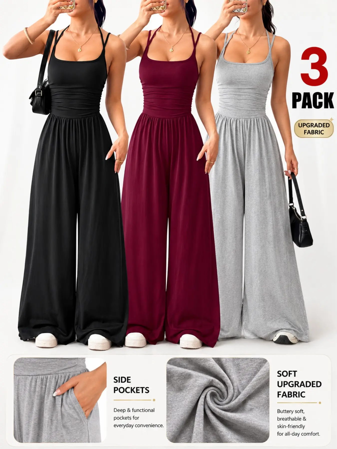 Women's 3 Pack Lightweight Wide Leg Jumpsuits, Spaghetti Strap Scoop Neck, Backless Floor-Length Rompers, Ideal for Travel & Daily Wear