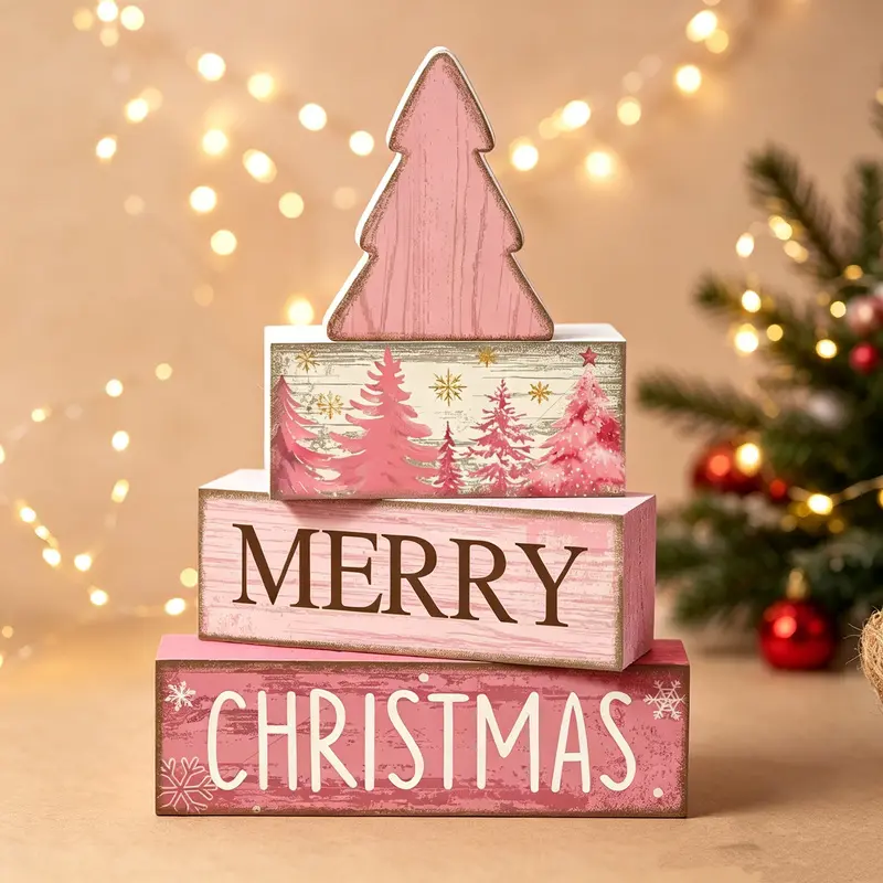 A set of pink Christmas wooden tiered tray decorations, easy to store and can be freely modified for decoration and photography.   Suitable for placement on home dining tables and store countertops, it is an ideal gift choice.
