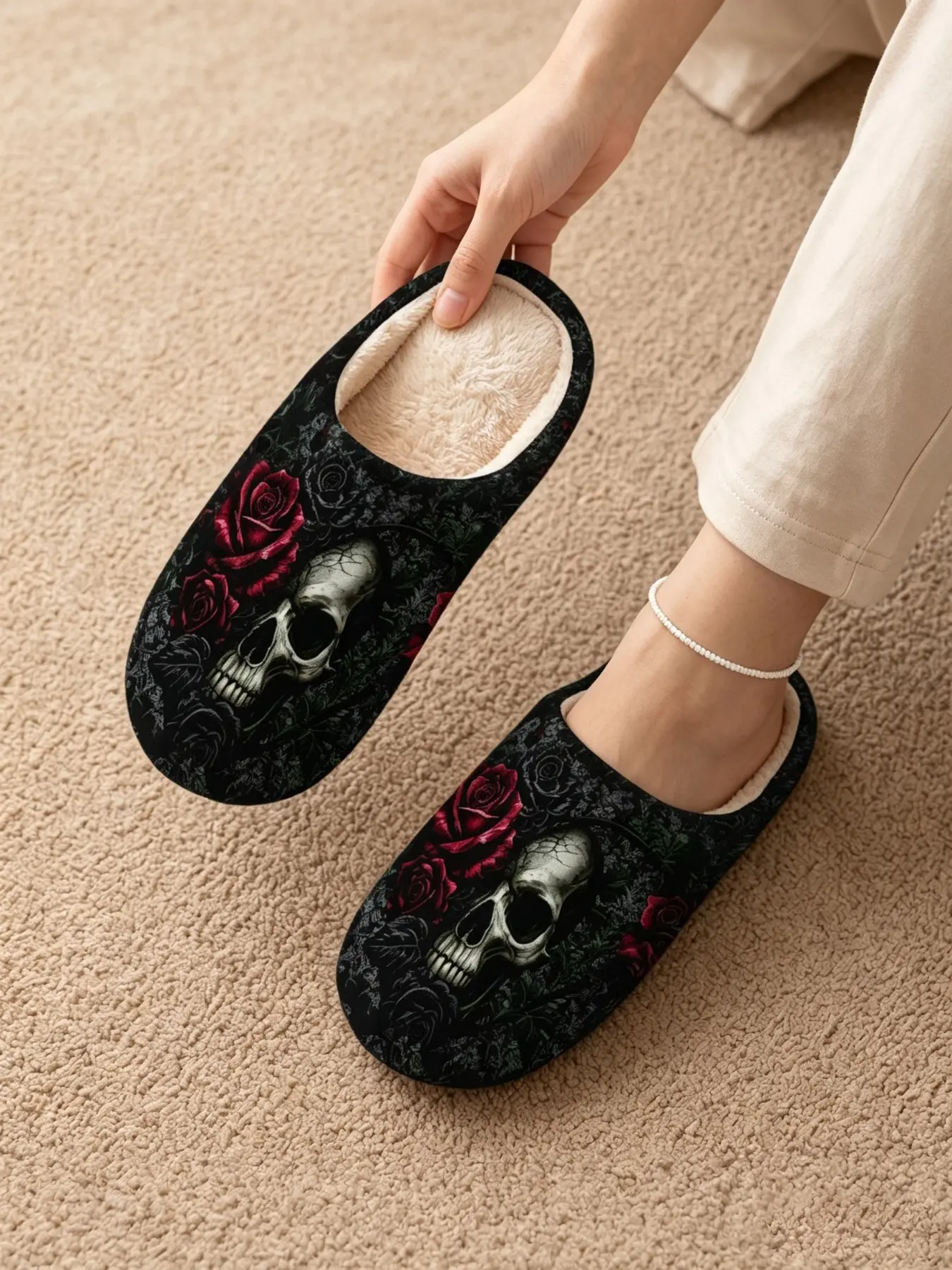 Halloween Gothic Plush Slippers, Witch Cat Skull Rose Butterfly Pumpkin Print, Soft Warm Indoor Shoes, Cosplay Party Gift