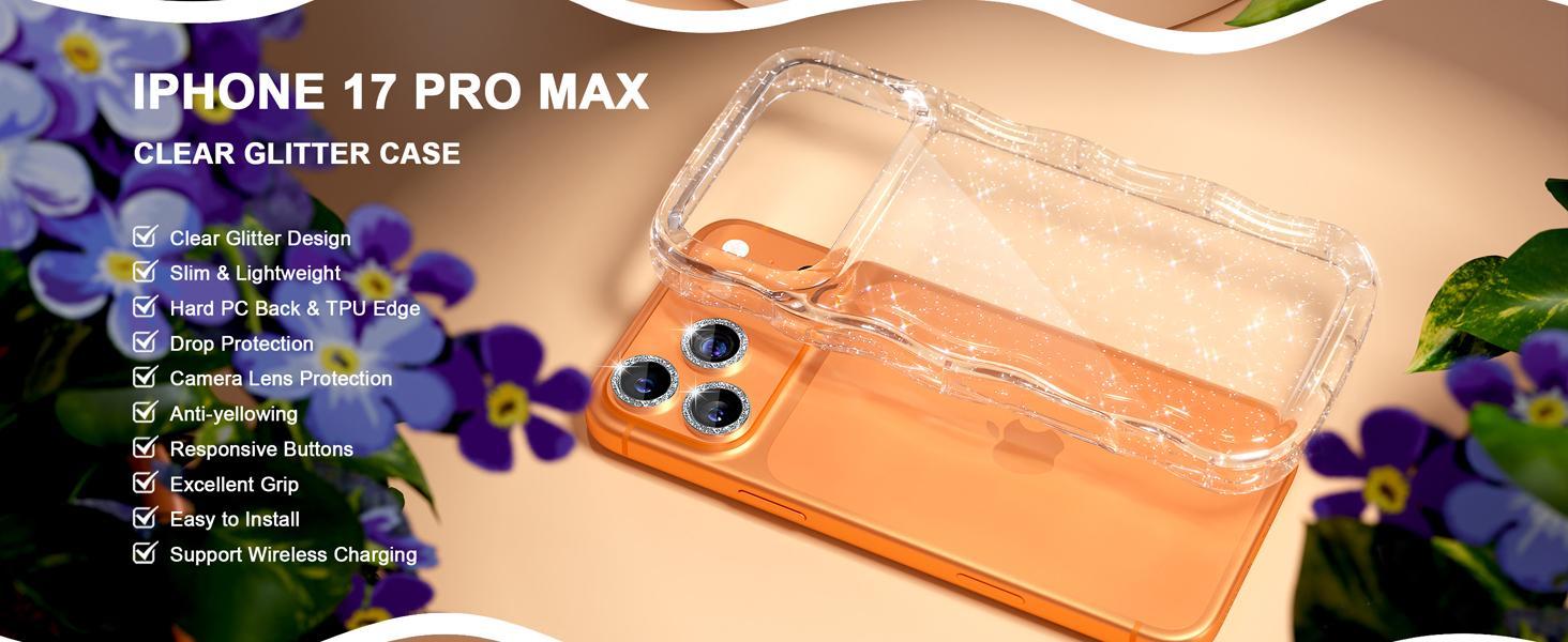 Choiche Compatible for iPhone 17 Pro Max Case, Women Cute Sparkly Phone Case, Curly Wavy Frame Cover [3 x Diamond Camera Lens Protectors] [2 x Tempered Glass Screen Protectors] 6.9" (Glitter Clear)