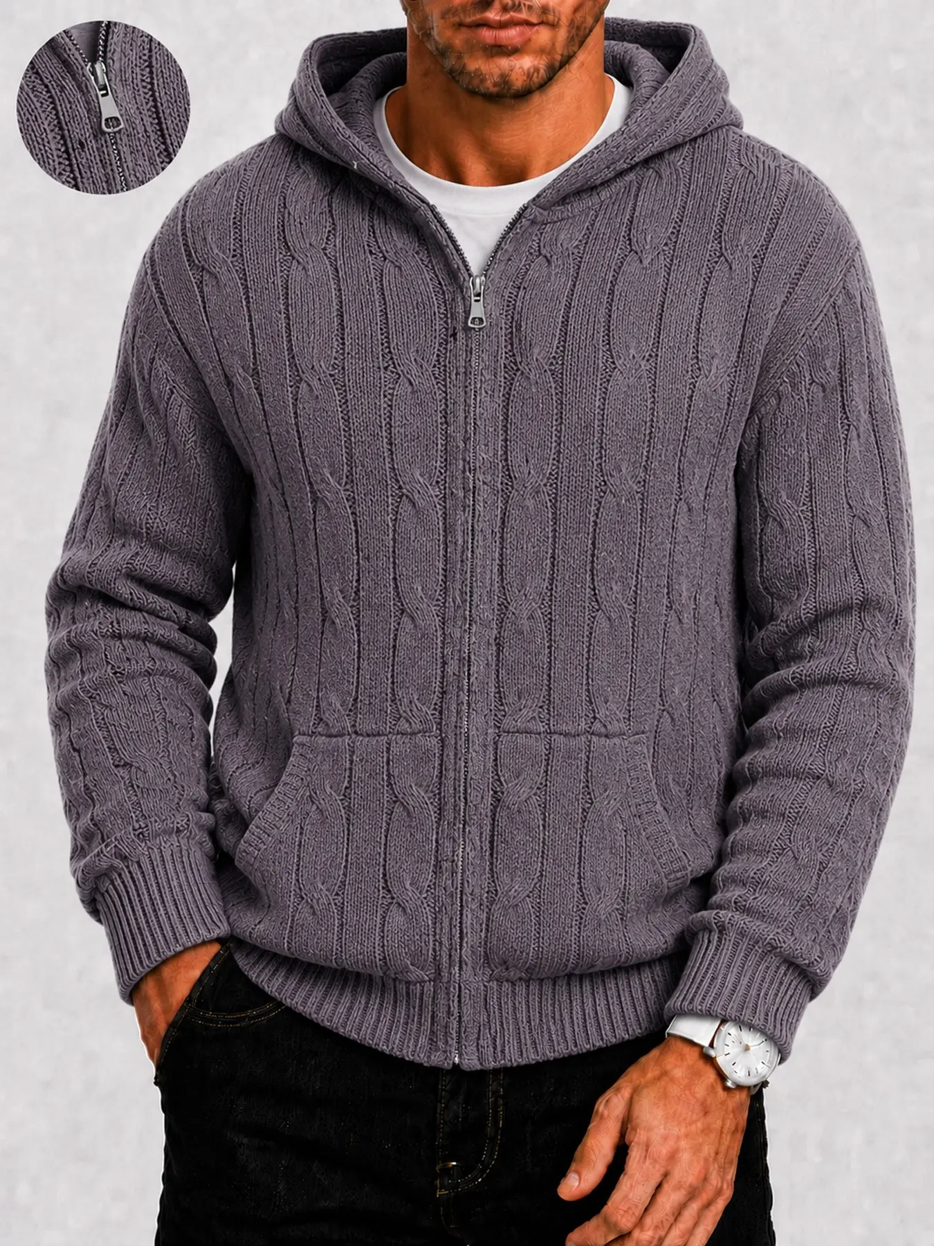 Men's Hooded Full Zip Cable Knit Cardigan, Long Sleeve Twist Textured Jacket, Warm Casual Sweater, Fall Winter Outerwear