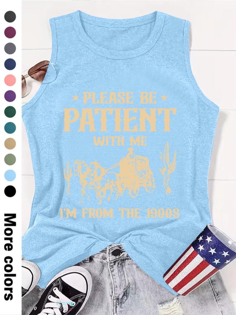 Women's Letter Print Round Neck Tank Top, Casual Sleeveless Crew Neck Top for Daily Wear, Ladies Clothes for All Seasons