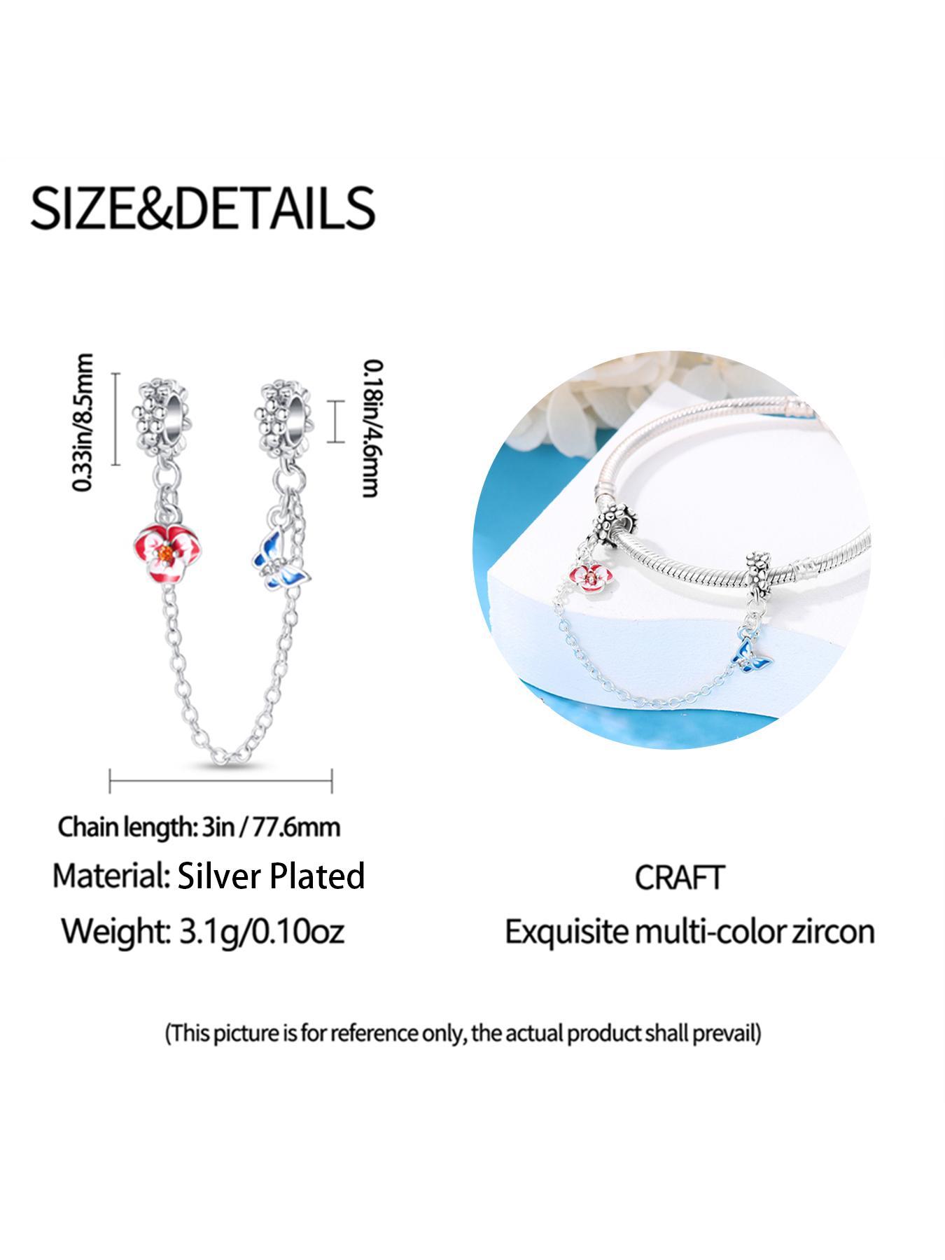 S925 Sterling Silver Cute Flower & Butterfly Design Safety Chain Charms, Fashionable Beads for Women's Bracelet & Necklace & Keychain, DIY Jewelry for Birthday Gift