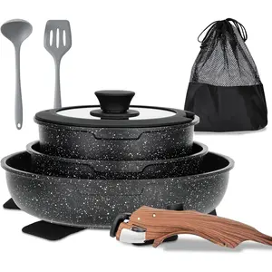 Detachable Handle Induction Pots and Pans Set, 10 Piece Non Stick Kitchen Cookware Sets, Stackable Black Granite RV Cooking Set for Camper