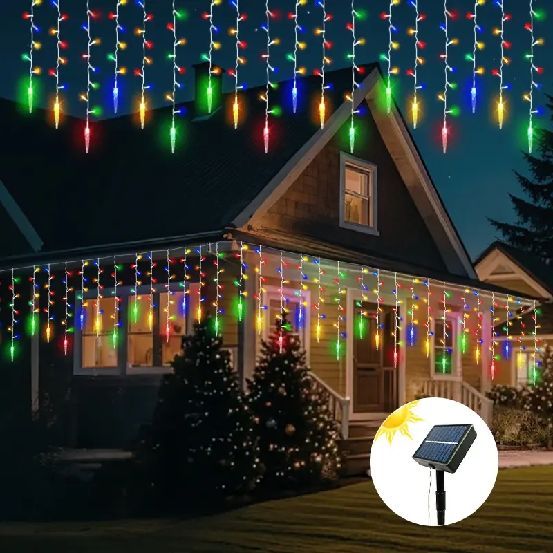 Solar Powered Christmas Lights String, 96 LED Icicle Design, Perfect for Wedding, Holiday Decorations, Outdoor Use, Decorative Lights