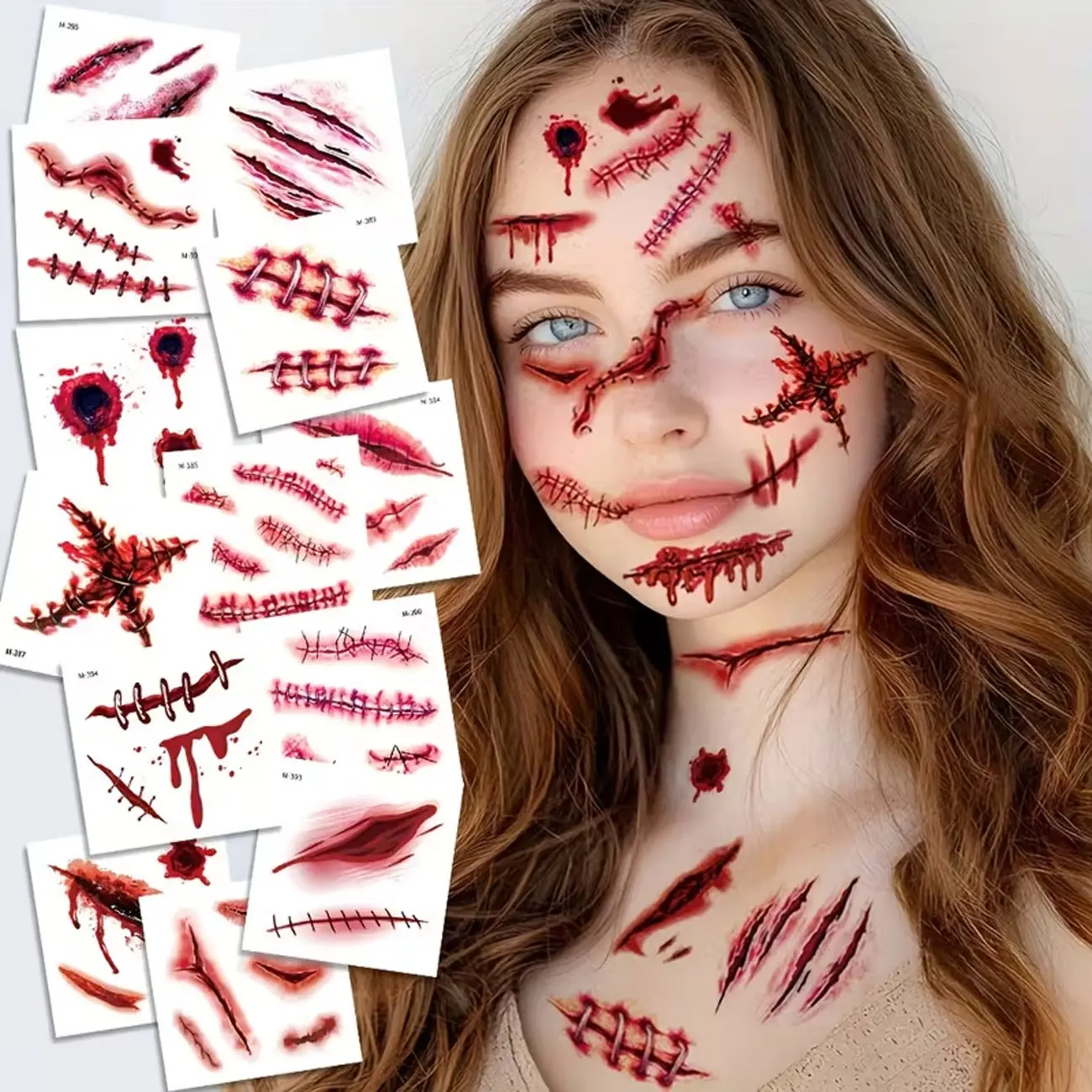 Halloween 3D Realistic Wound Temporary Tattoos 20-Piece Set, Blood Stain Scarf Horror Tattoo Stickers, Easy to Apply and Remove, Halloween Party Costume Gift