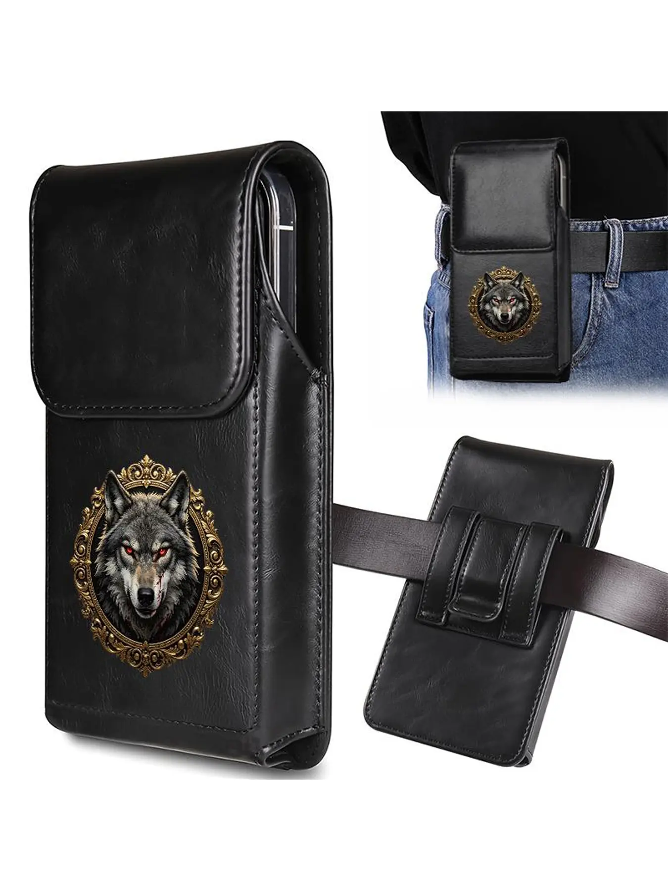 Men's wolf head totem pattern belt waist bag, belt phone storage bag, can store small items such as phones, fashionable and full of male charm, suitable for various occasions, is an excellent Halloween/Christmas/birthday gift, 2D printed