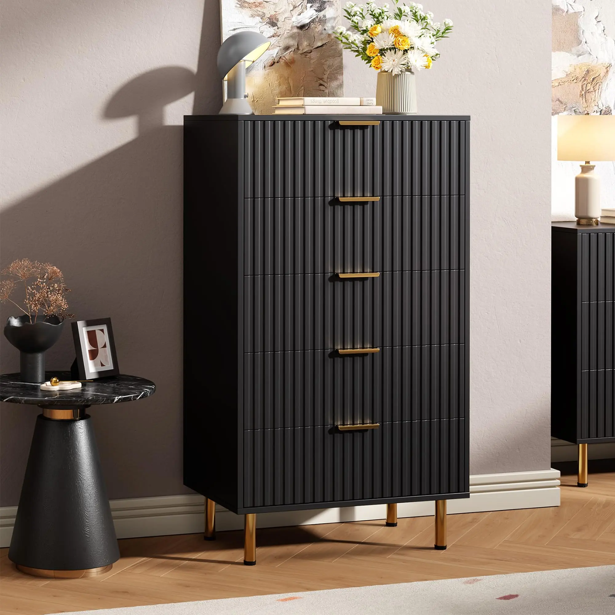 Modern Fluted 5 Drawer Dresser – Tall Wide Chest with Deep Drawers, Wooden Storage Organizer for Bedroom, Living Room, Hallway, Kids Room – Black or Green
