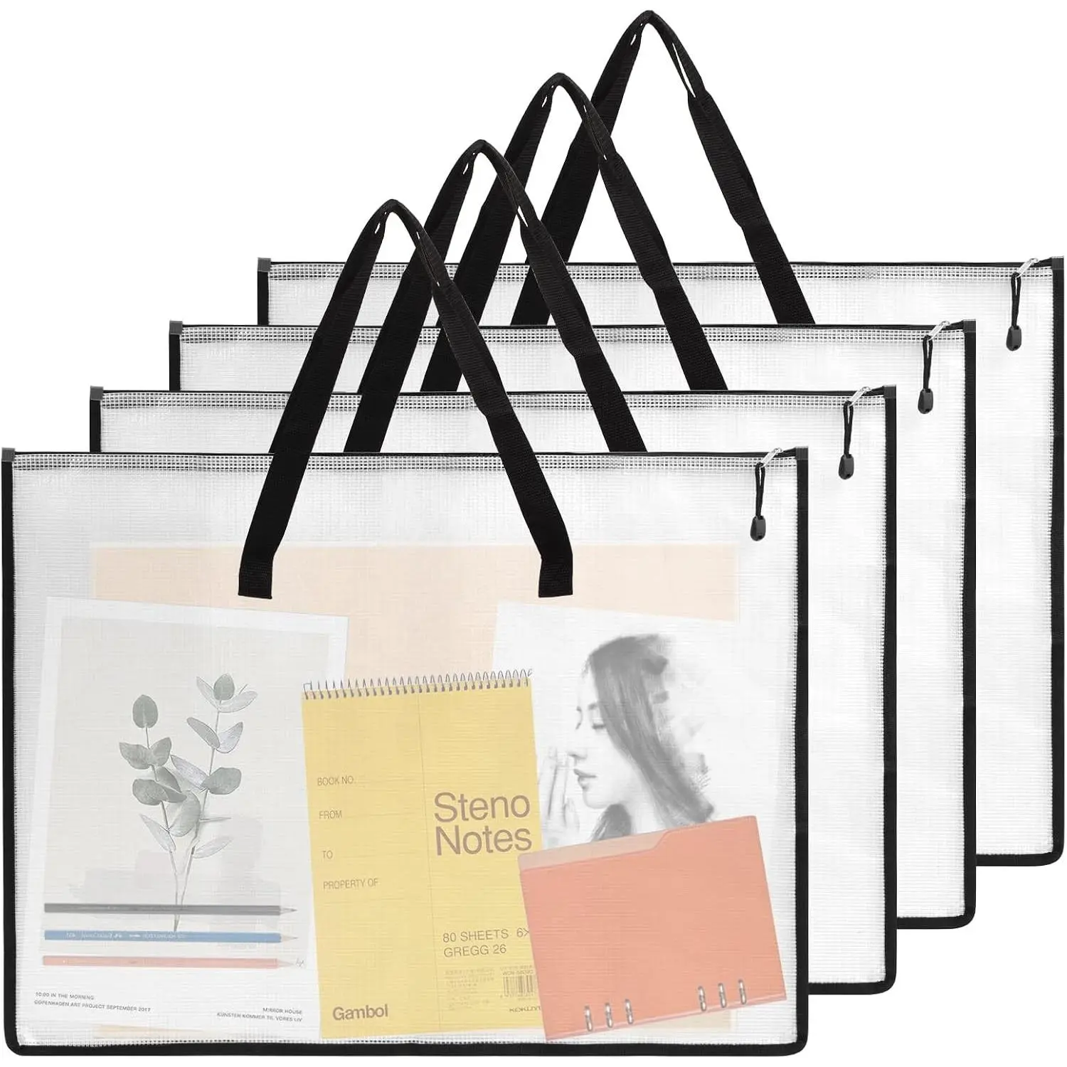 4pcs 18.5x24.8 Inches Art Portfolio Bags, Portfolio Folder for Artwork, Posters Storage Bag with Zipper and Handle Mesh Folder Organizers for Poster, Scrapbook, Keepsake and Bulletin Board