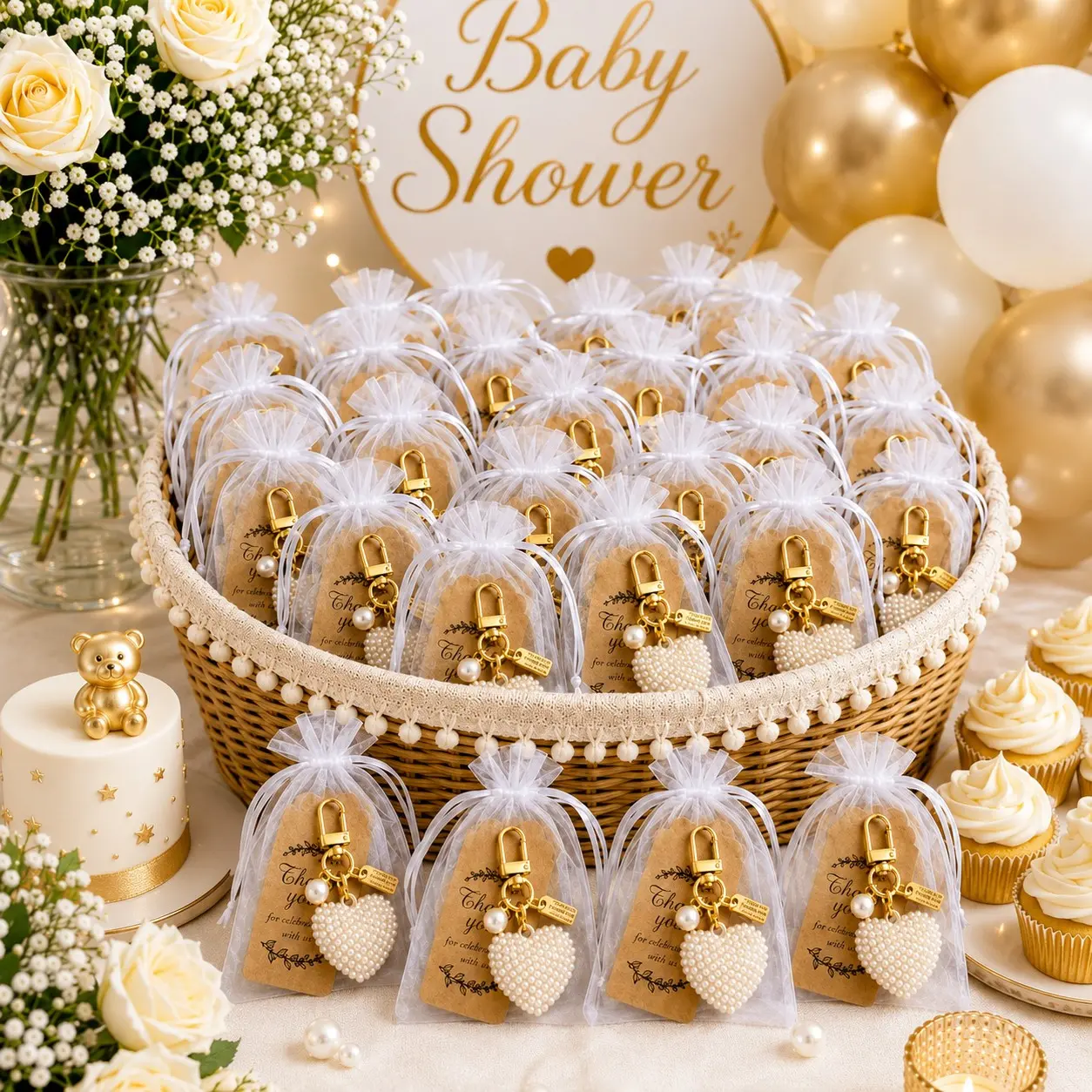 30pcs/10sets Pearl Heart Keychain Set, Baby Party Guest Gift, Baby Party Supplies, Gender Reveal Party Items, Create Beautiful Memories
