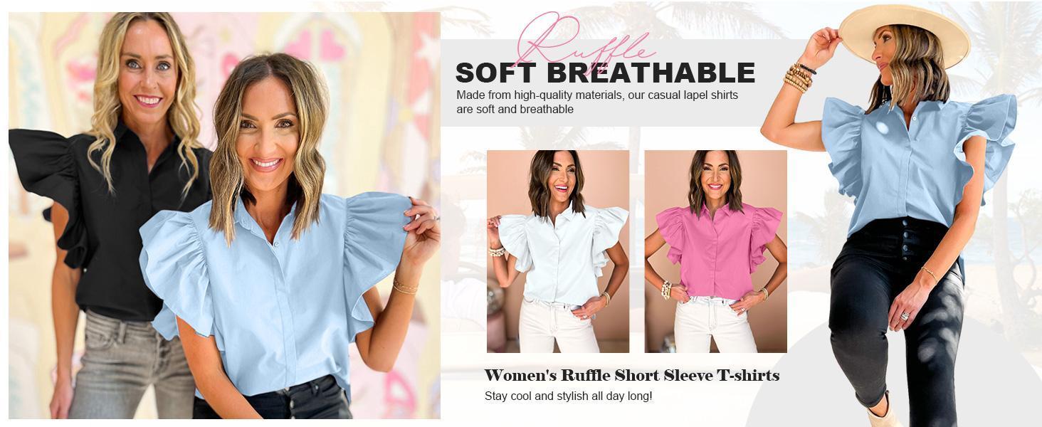 Imily Bela Womens Ruffle Button Down Shirts Cute Summer Short Sleeve Tops Blouse