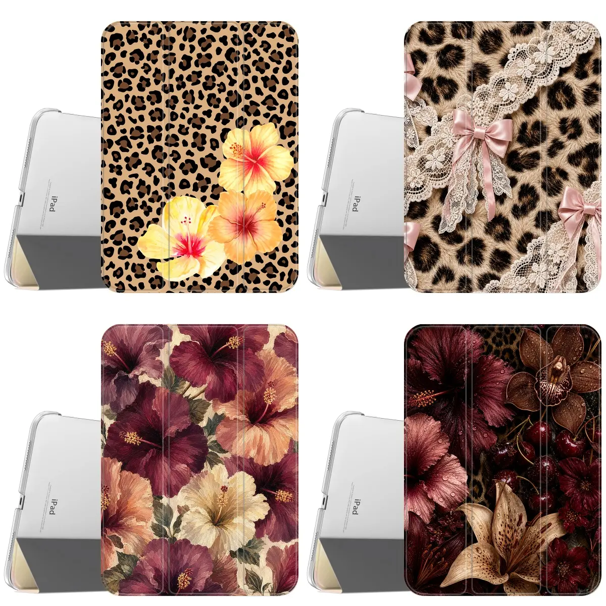 Retro Leopard Print Hibiscus Floral iPad Protective Case for iPad Pro 11/12.9, iPad Air 6/5/4, iPad 10/9/8/7, iPad Mini 7/6, Lightweight Tri Fold Lace Bow Auto Sleep Wake Tablet Cover