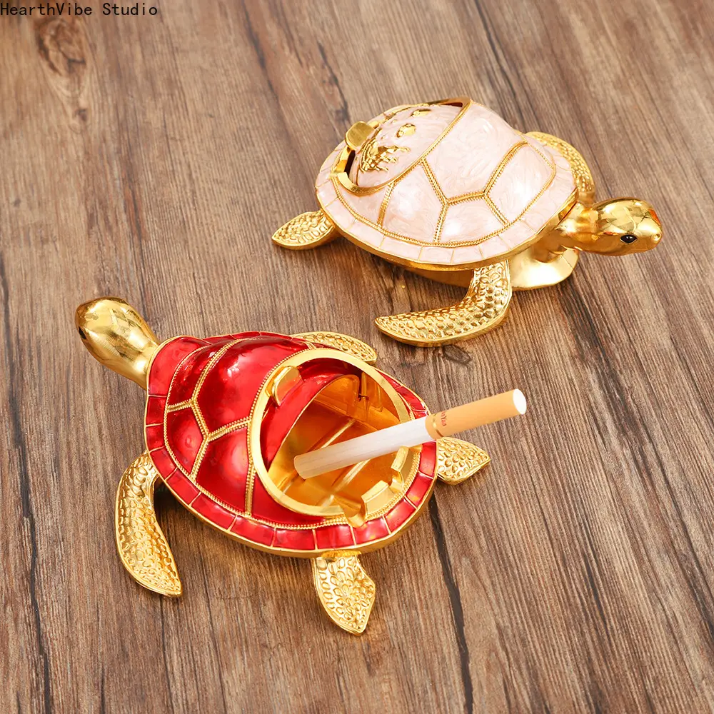 Vintage Sea Turtle Enamel Metal Ashtray with Lid, Windproof Odorless Camping Accessory, Luxury Craft Figurine, Creative Feng Shui Gift, Room Decor Desk Ornament for Indoor/Outdoor Use