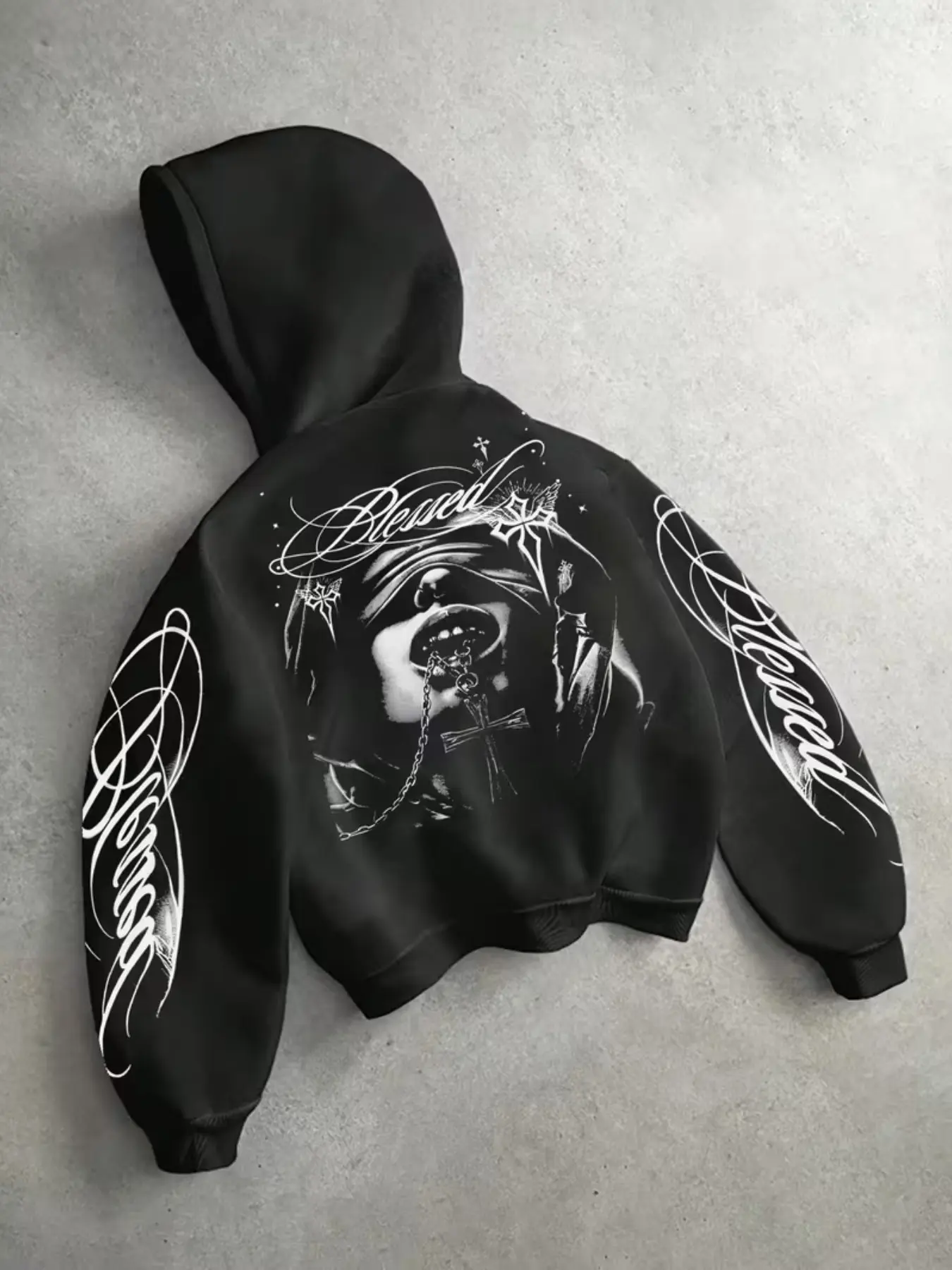 American Chicano Portrait Cross Short Hoodie, Dark High Street Trendy Distressed Short Hooded Sweatshirt, Fall & Winter Casual Wear