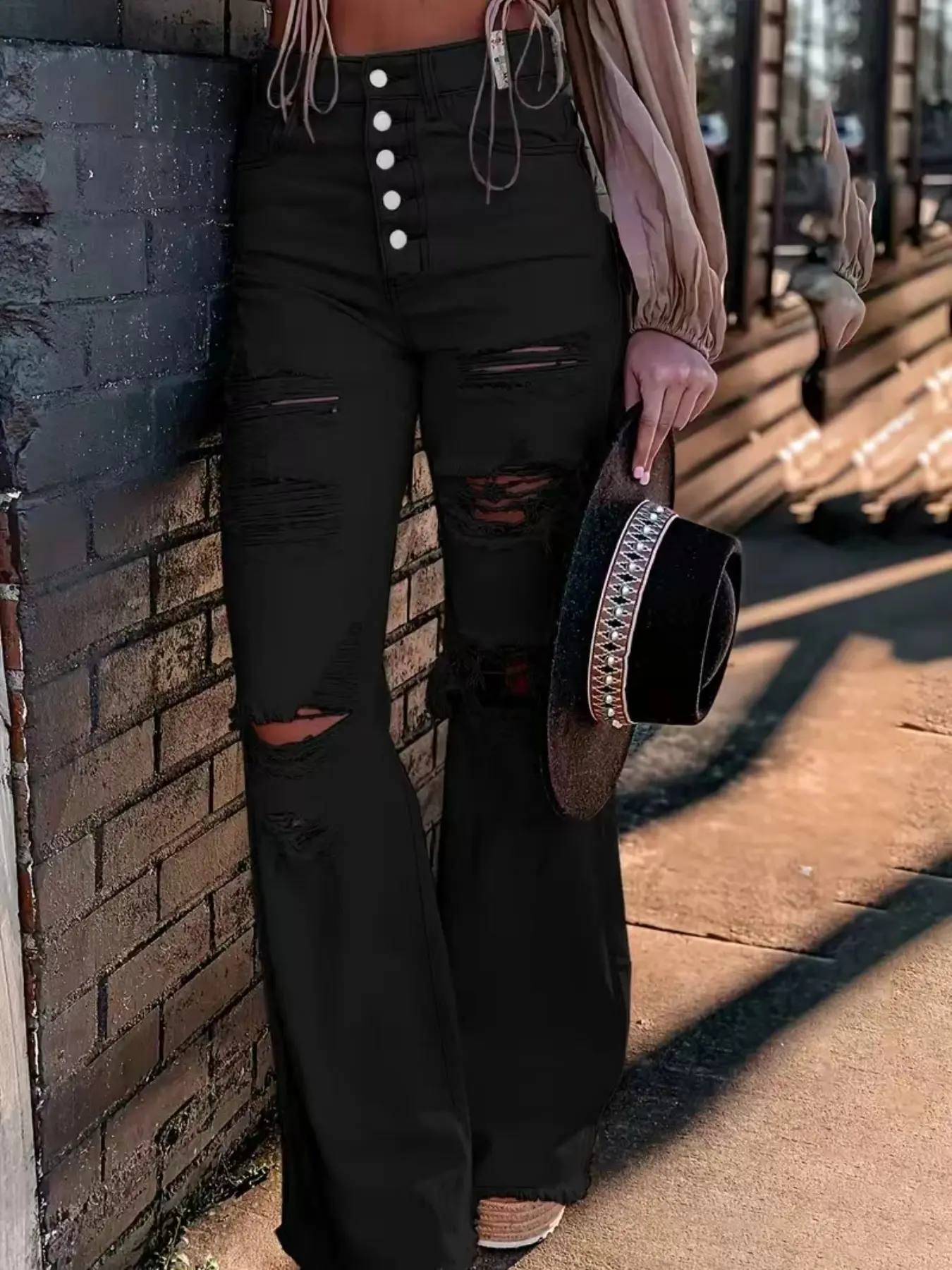 High-Waisted Ripped Bell Bottom Jeans for Women, Frayed Hem Vintage Washed Slim Fit, Multiple Pockets, All-Season Casual Style