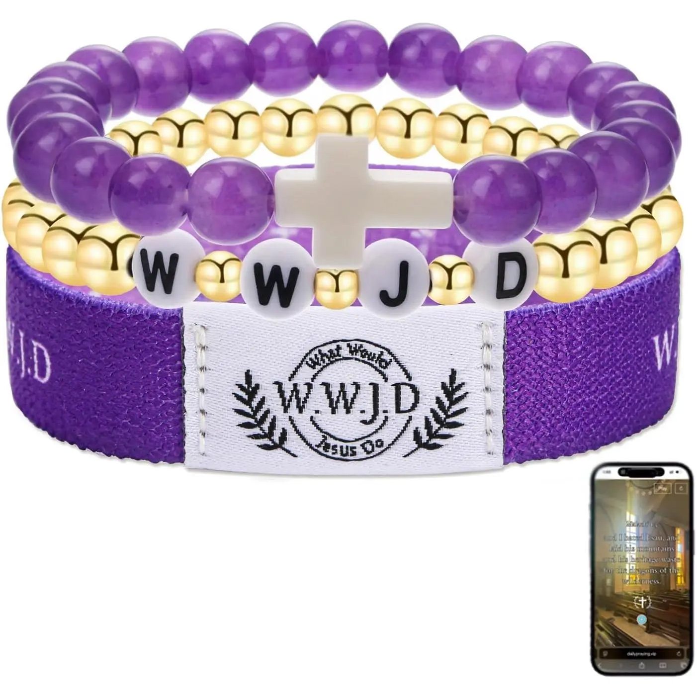 WWJD Wristband and Beaded Bracelet Set, 3-Piece Soft Fabric Jacquard Faith Jewelry for Men Women, Christian Gifts for Daily Encouragement, All Seasons, Church Events, Jacquard Print, Unisex, Wwjd Text, Easter, Religious
