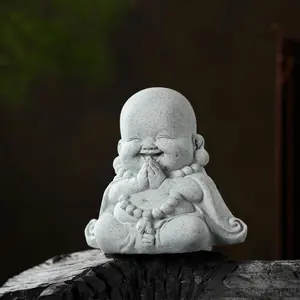 Landical Sandstone Buddha Statue - Zen Praying Monk Sculpture, Feng Shui Ornament for Wealth & Good Luck, Home Office Decor