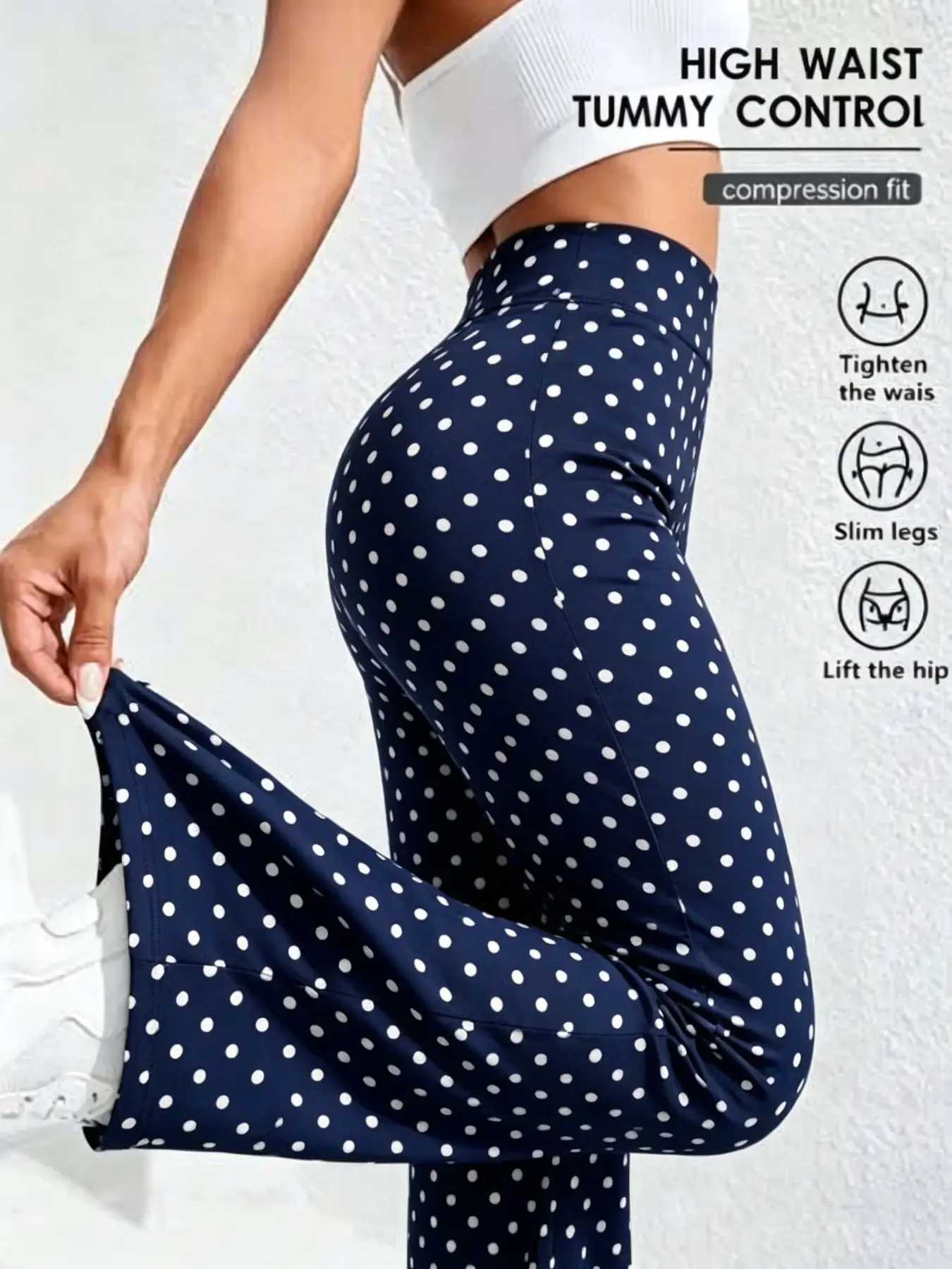 Y2K Retro Polka Dot High-Waisted Yoga Pants, Slim-Fit Stretchy Fabric, Wide Waist Design, & Navy, Knitted Sports Pants, Perfect for Fitness & Daily Wear