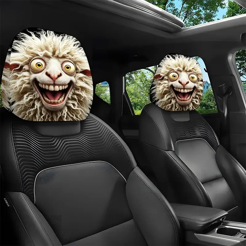 2pcs Funny Sheep Car Headrest Covers, Creative Animal Car Interior Decor, Fun Gift for Car Owners, Weird Smiling Animal Headrests, Fun Car Accessories