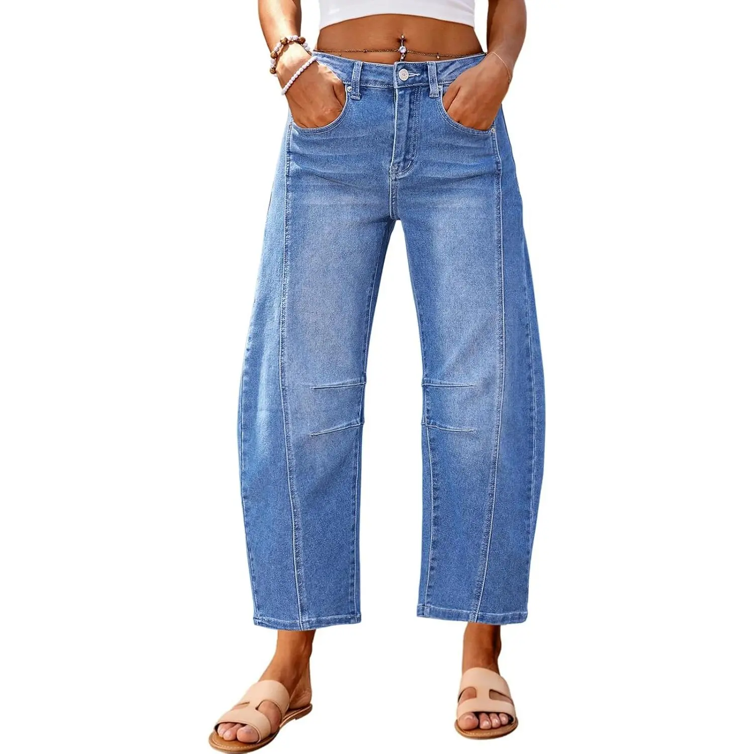 Women's High-Waisted Baggy Oversize Barrel Wide-Leg Cropped Denim Ankle Bottom Clothes with Pockets, Casual Wear Jeans