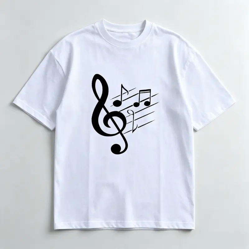 Unisex White Crew Neck Short Sleeve T-Shirt, Minimal Treble Clef Music Note Graphic Print, Double Stitch Seams Regular Casual Top For Musicians & Music Lovers, All Season Daily Wear