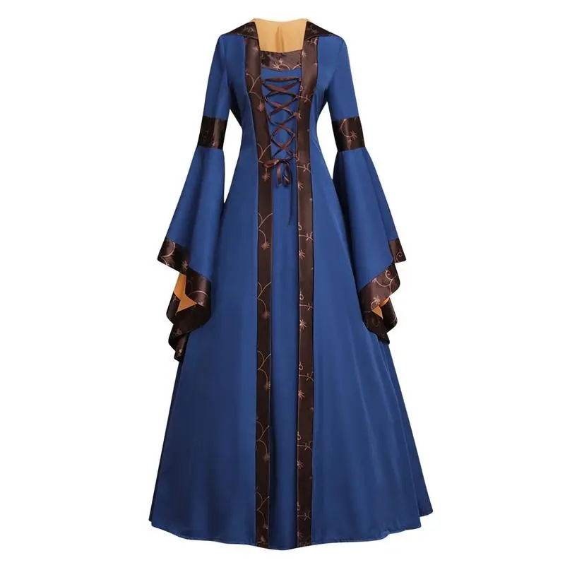 Medieval Hooded Long Flutter Sleeve Vintage Renaissance Maxi Dress for Women