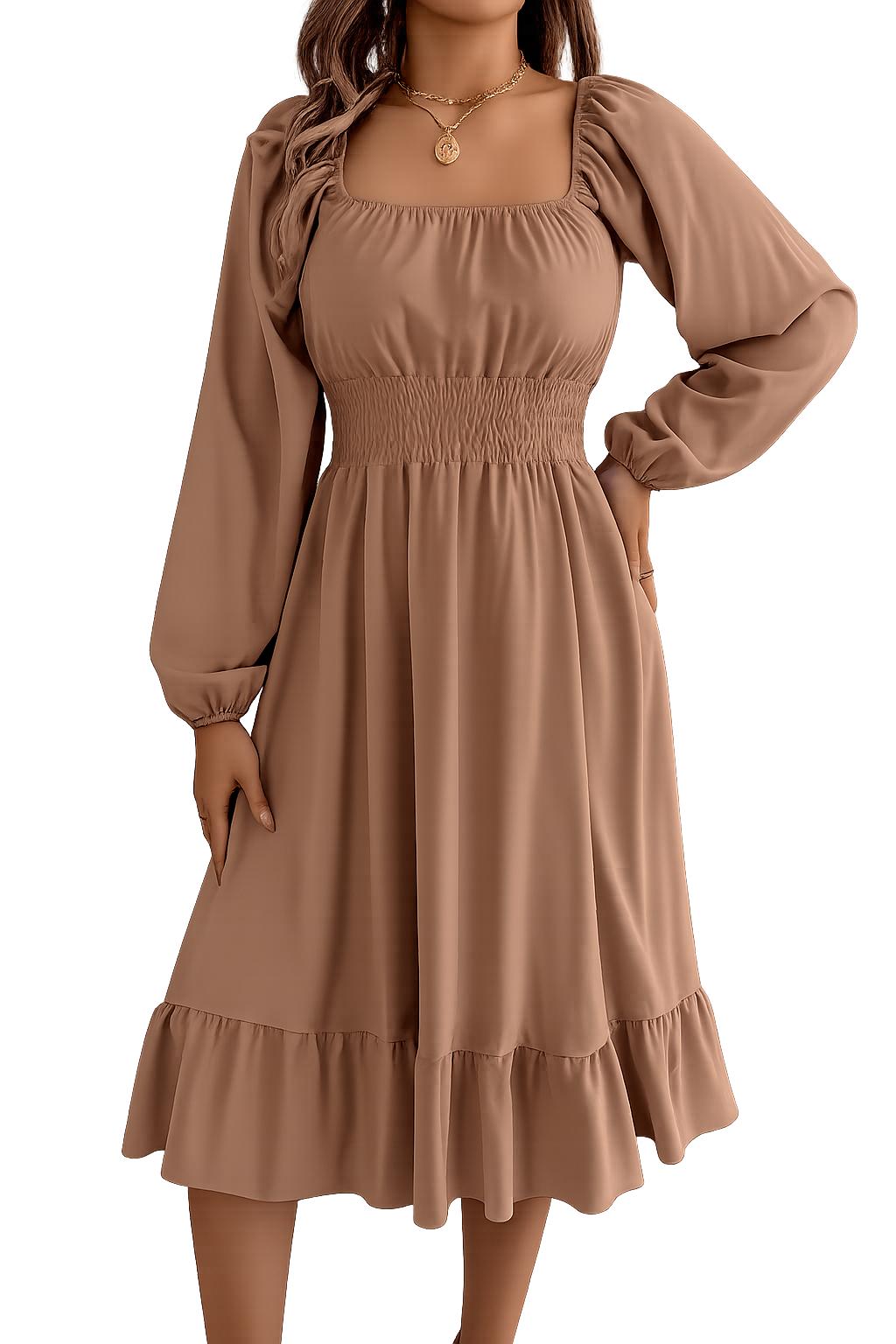 2026 Spring and Summer Leisure Solid Color Square Collar Long Sleeve Waist-Cinched A-Line Skirt