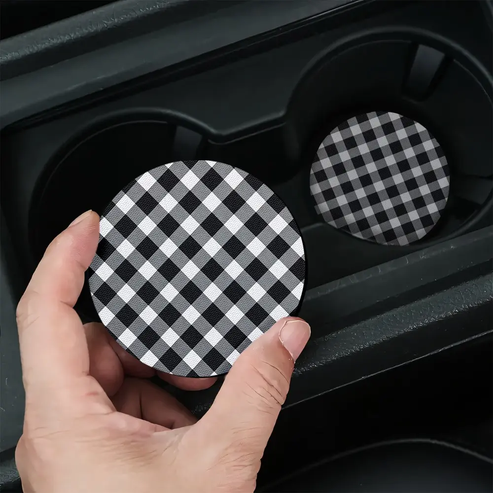 Classic Grey Plaid Car Coasters, 2/4Pcs - Urban Plaid Auto Cup Holder Mat, Absorbent Neoprene Accessory for Commuter