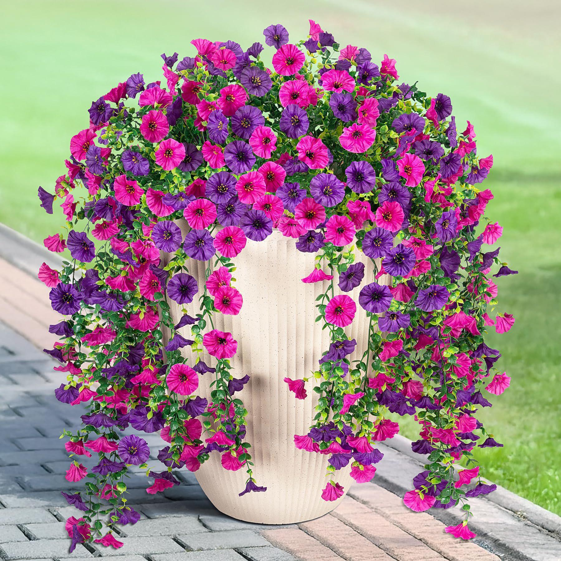 2 PCS Artificial Fake Hanging Flowers Plants for Outdoor Spring Decoration,Hanging Dendrobium Orchid Purple Flowers- Resistant Realistic Morning Glory Trailing Vines for Home Porch Patio Balcony