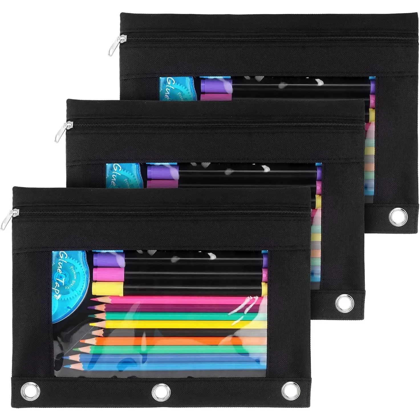 3 Ring Binder Pencil Pouch with Clear Window, Black, 3 Pack