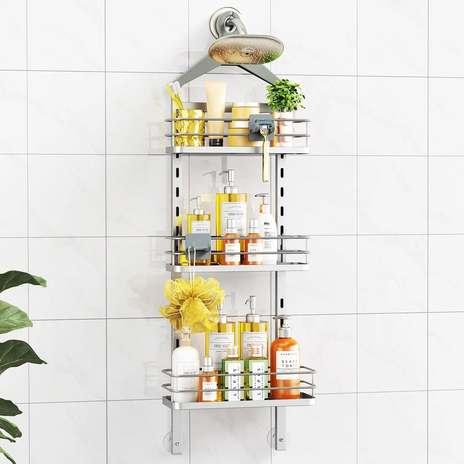 3 Tier Height-Adjustable Shower Caddy Hanging Anti-Swing-Over The Shower Head Caddy-Storage Organizer Bathroom Shelves Basket-Silver