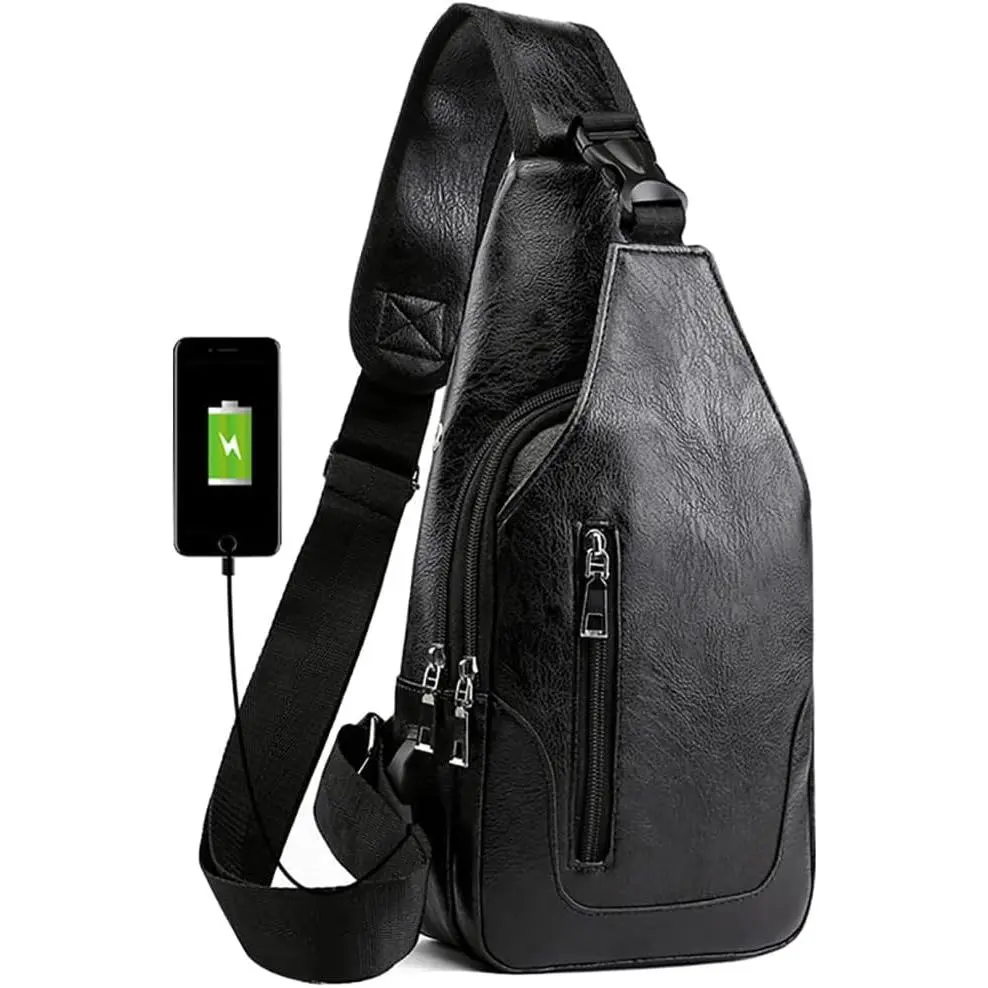 Leather Sling Bag Mens Crossbody Bag Chest Bag Sling Backpack for Men with USB Charge Port