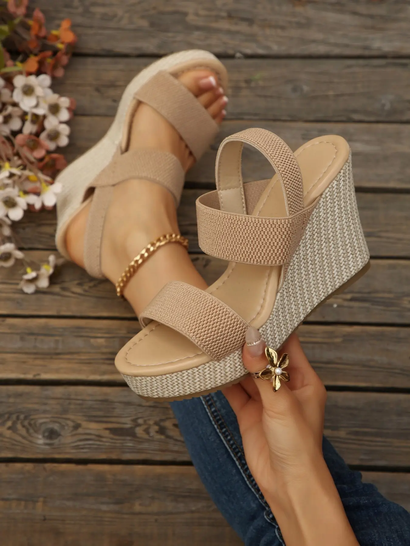 Women Wedge Sandals Open Toe Summer Sandals Trendy Elastic Two Straps Espadrille Platform Wedges Stretch Back Ankle Strap Casual Vacation Beach Daily Outfits 2 Colors Khaki Black