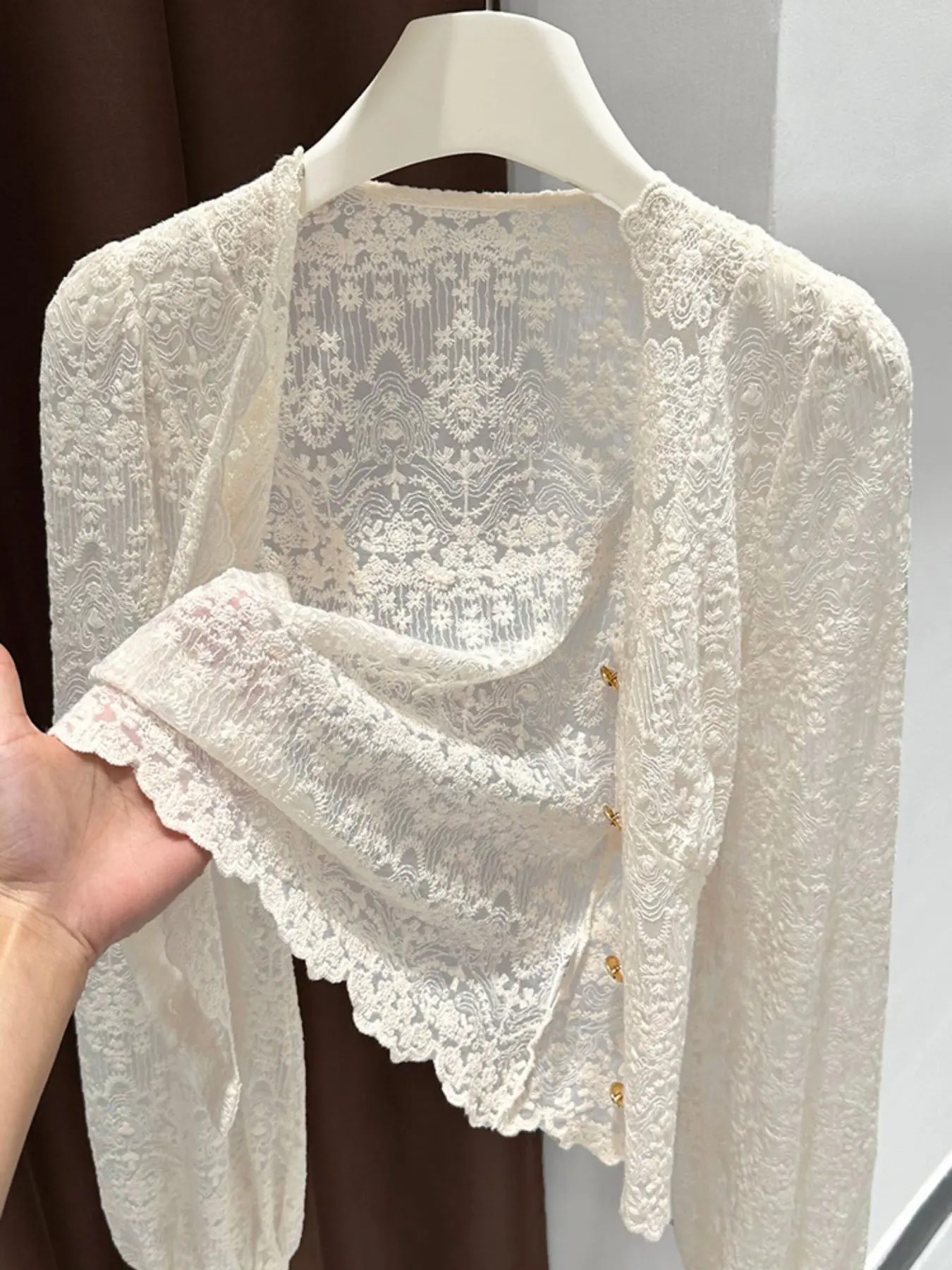 Elegant Long Sleeve Blouse Top for Women, Deep V Neck Mesh Embroidery Lace Trim, Perfect for Commute and Vacation, Feminine