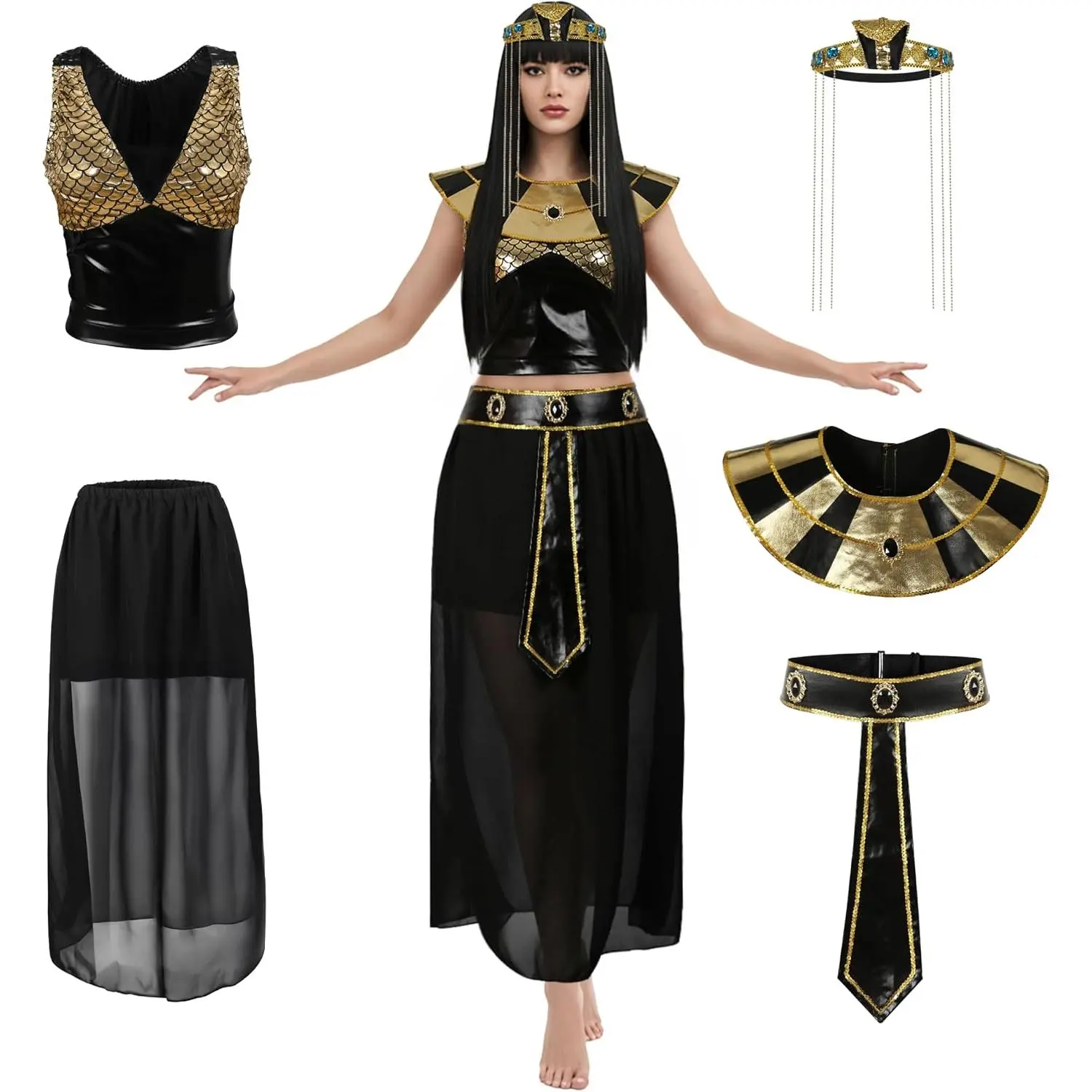 MCJC Egyptian Queen Costume, Black and Gold Goddess Dress, Women's Halloween Cleopatra Outfit with Collar, Belt and Headpiece | Cleopatra Outfit, Includes Collar, Includes Belt, Includes Headpiece, Women's Halloween