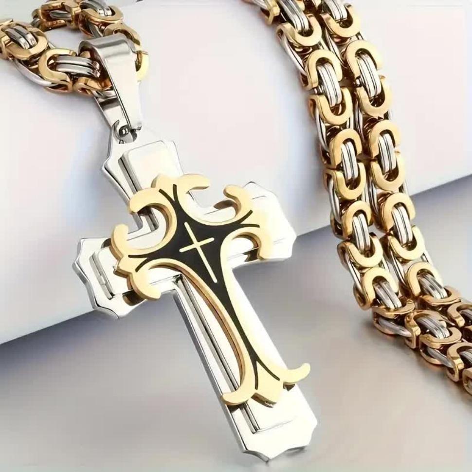 FINREZIO 1 Count Unisex Vintage Handmade Multi-layered Necklace 18k Gold Plated Stainless Steel Cross Pendant Necklace Jewelry