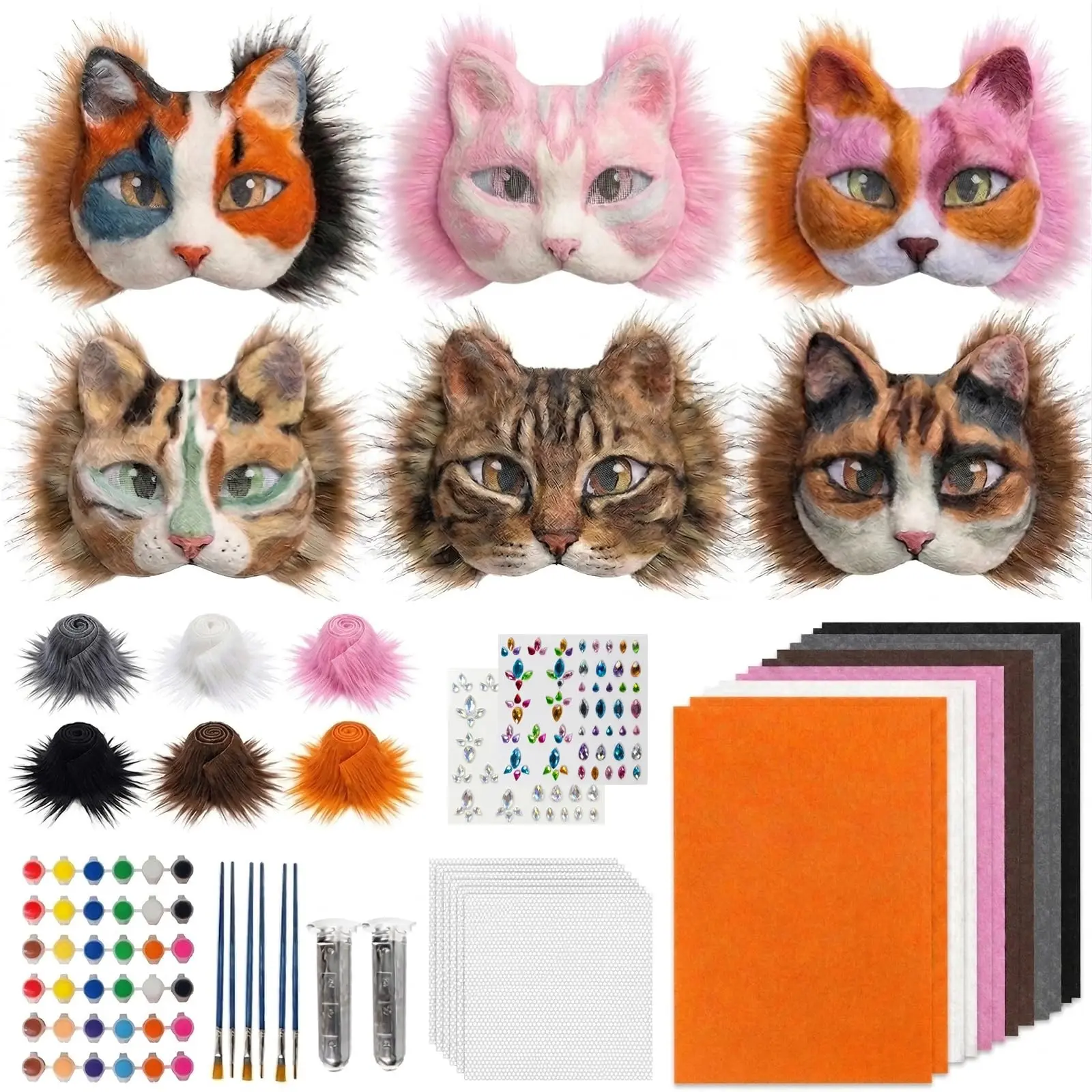 DIY Cat Mask Kit with Fuzzy Material, Mesh Eye Cover, and Felt Pieces, Blank Mask for Role Play and Christmas, Costume Accessories, Furry Mask
