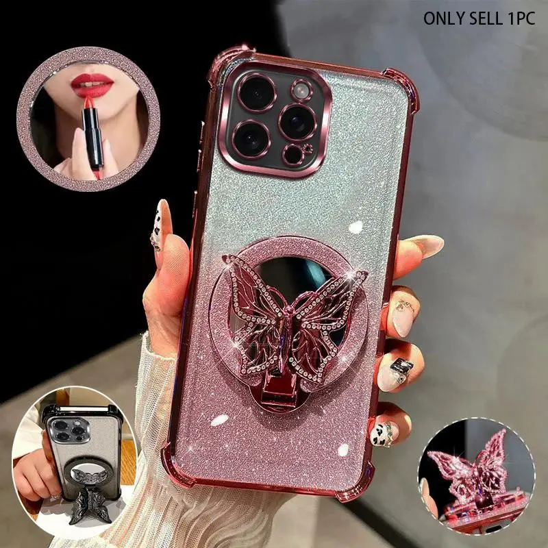 Butterfly Design Phone Case with Mirror Holder, TPU Shockproof Phone Protective Cover, Phone Accessory Compatible with iPhone 16Pro Max 15Pro 14Plus 13 12 11Pro Max, Casing, Smartphone