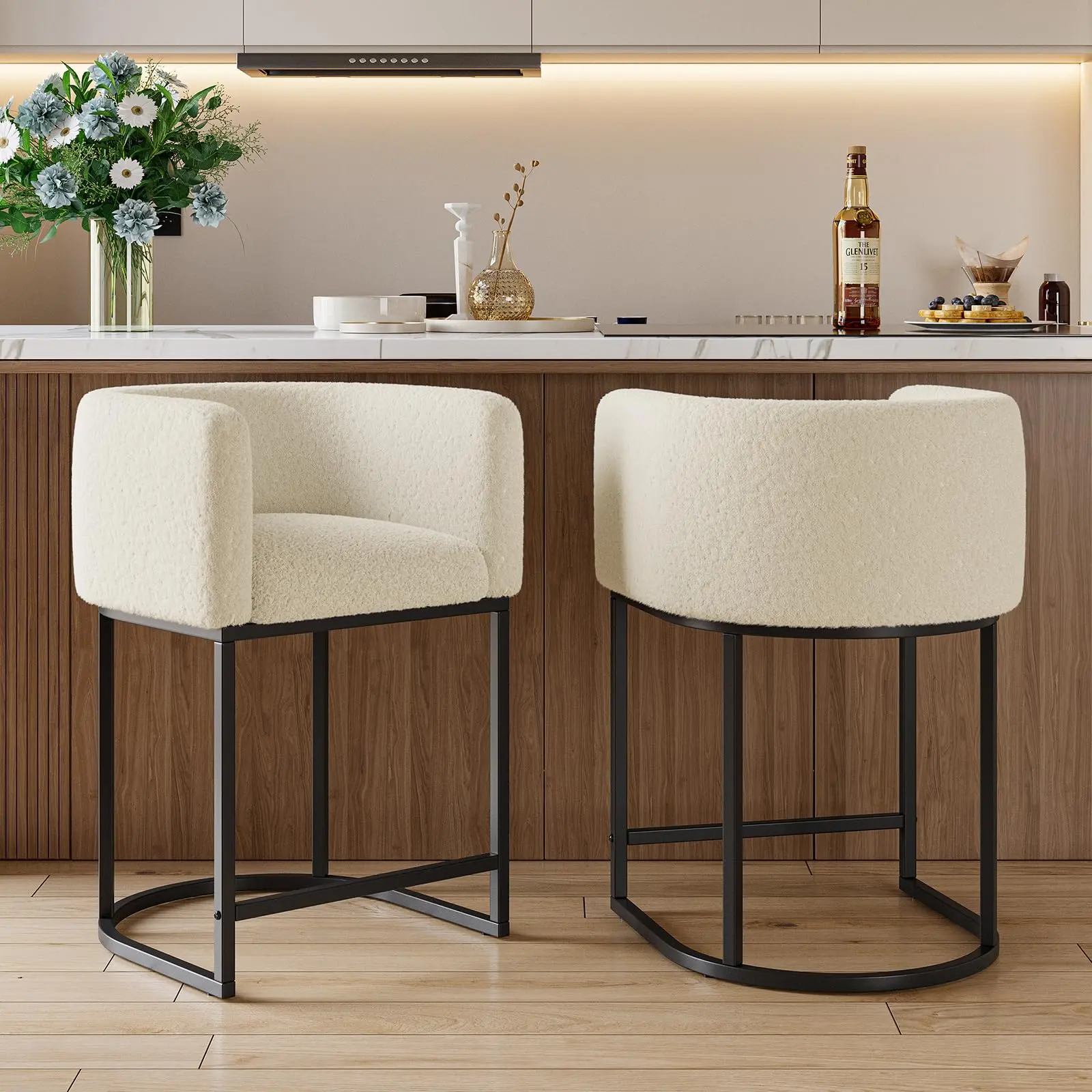 2-Piece Modern Upholstered Counter Height Bar Stool Set - Lambswool Cushioned Seats, Backrests, Arms, Black Metal Frames - Beige, White, Gray Options for Kitchen Island, Bar
