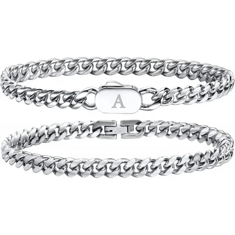 Initial Bracelets for Men, 2 count A-Z Letter Bracelet Silver Mens Bracelet with Initial, Stainless Steel Stylish Non Tarnish Cuban Link Bracelet for Men Jewelry Gifts-USA