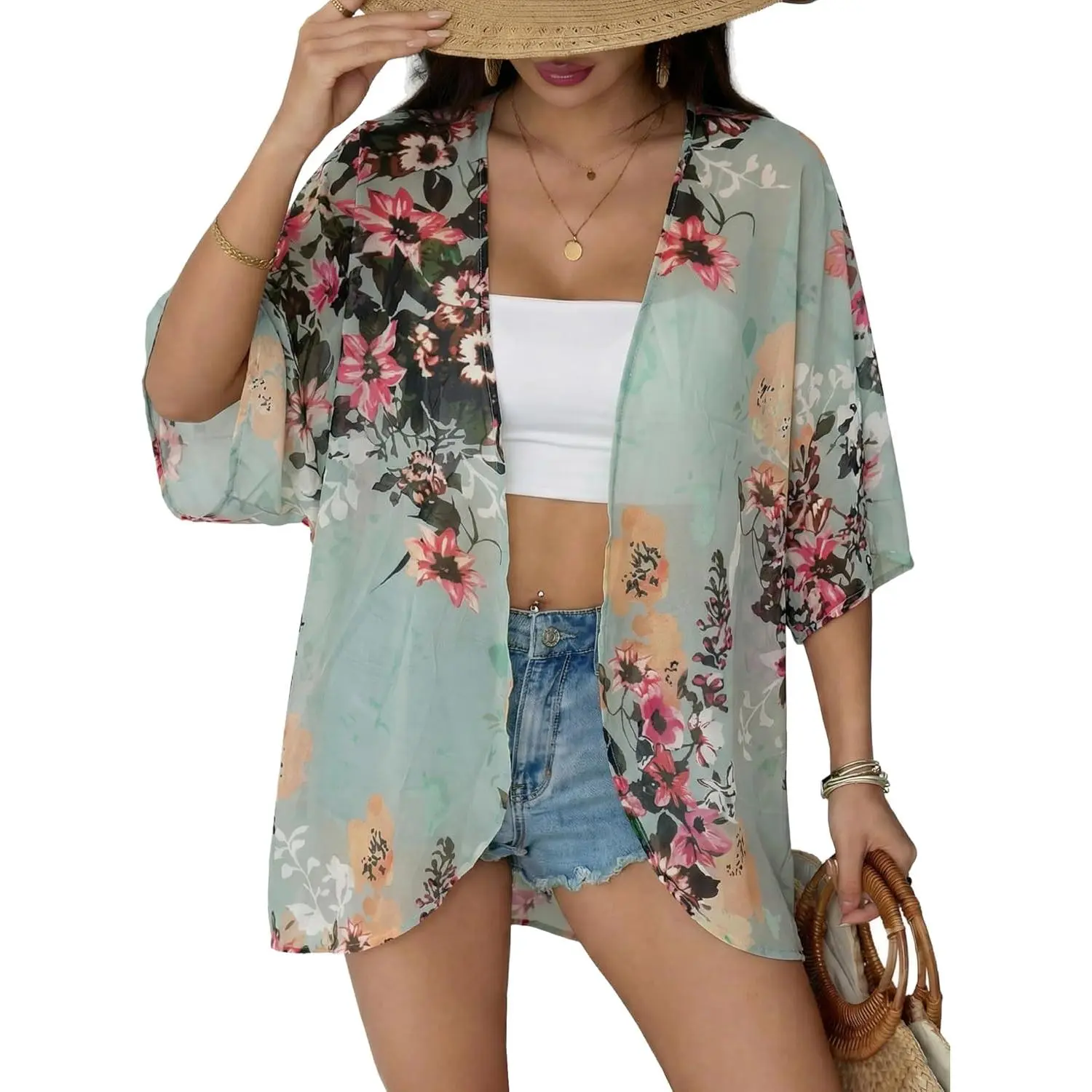 Chunoy Women's Casual Floral Chiffon Beach Cover Up - Open Front Short Sleeve Flowy Loose Kimono Cardigan Blouse, Hand Wash Only, Pack of 5, for Travel, Concert