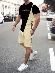 Men's 3D rose print color-blocked casual suit, a two-piece set including a summer sporty crew neck short-sleeved top and shorts, suitable for outdoor and street wear.