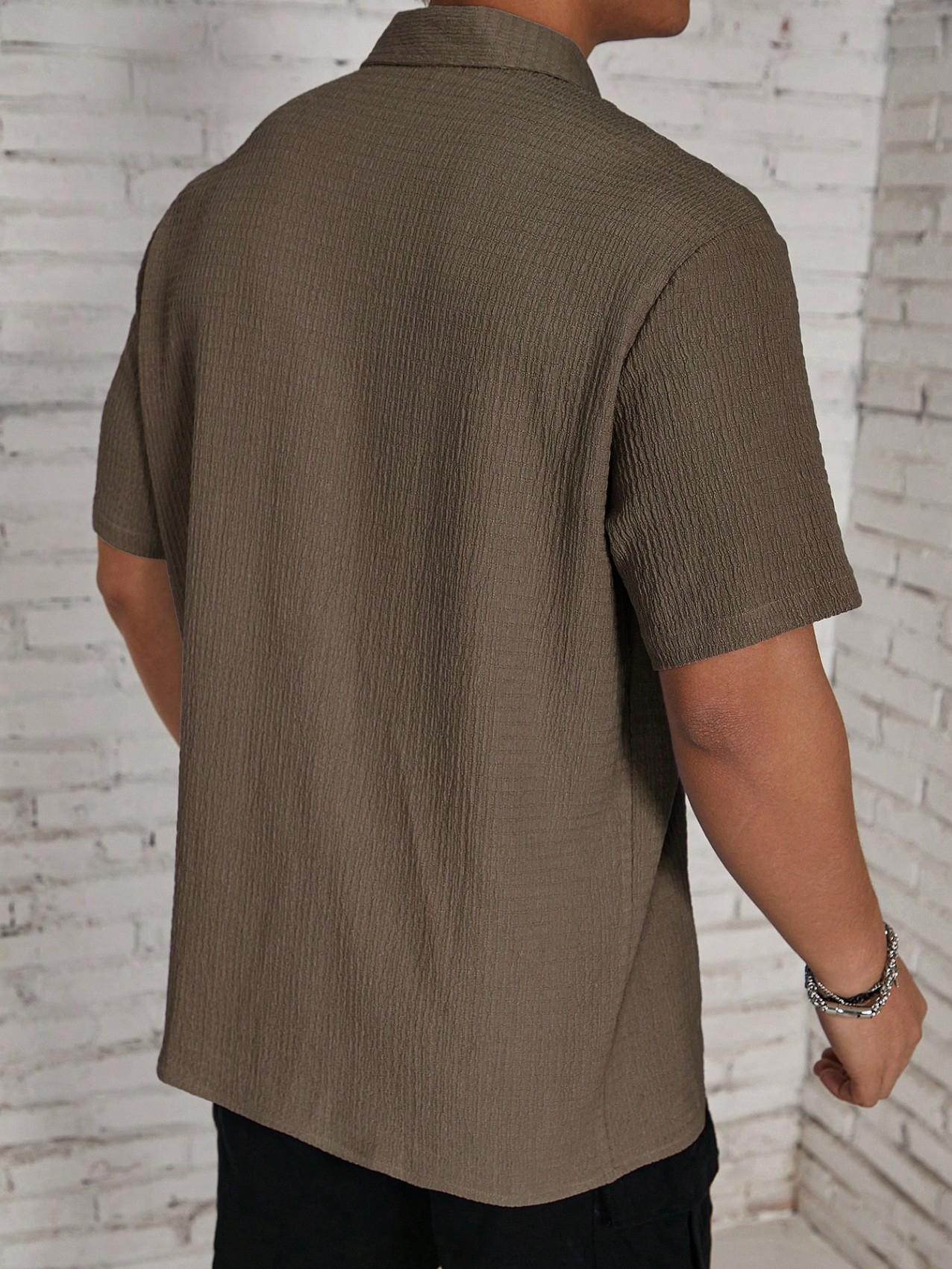 Men's Textured Button Front Shirt, Casual Regular Fit Short Sleeve Collared Top for Summer, Summer Leisure Top 2026, National Day Clothing, Men's Clothes for Daily Wear