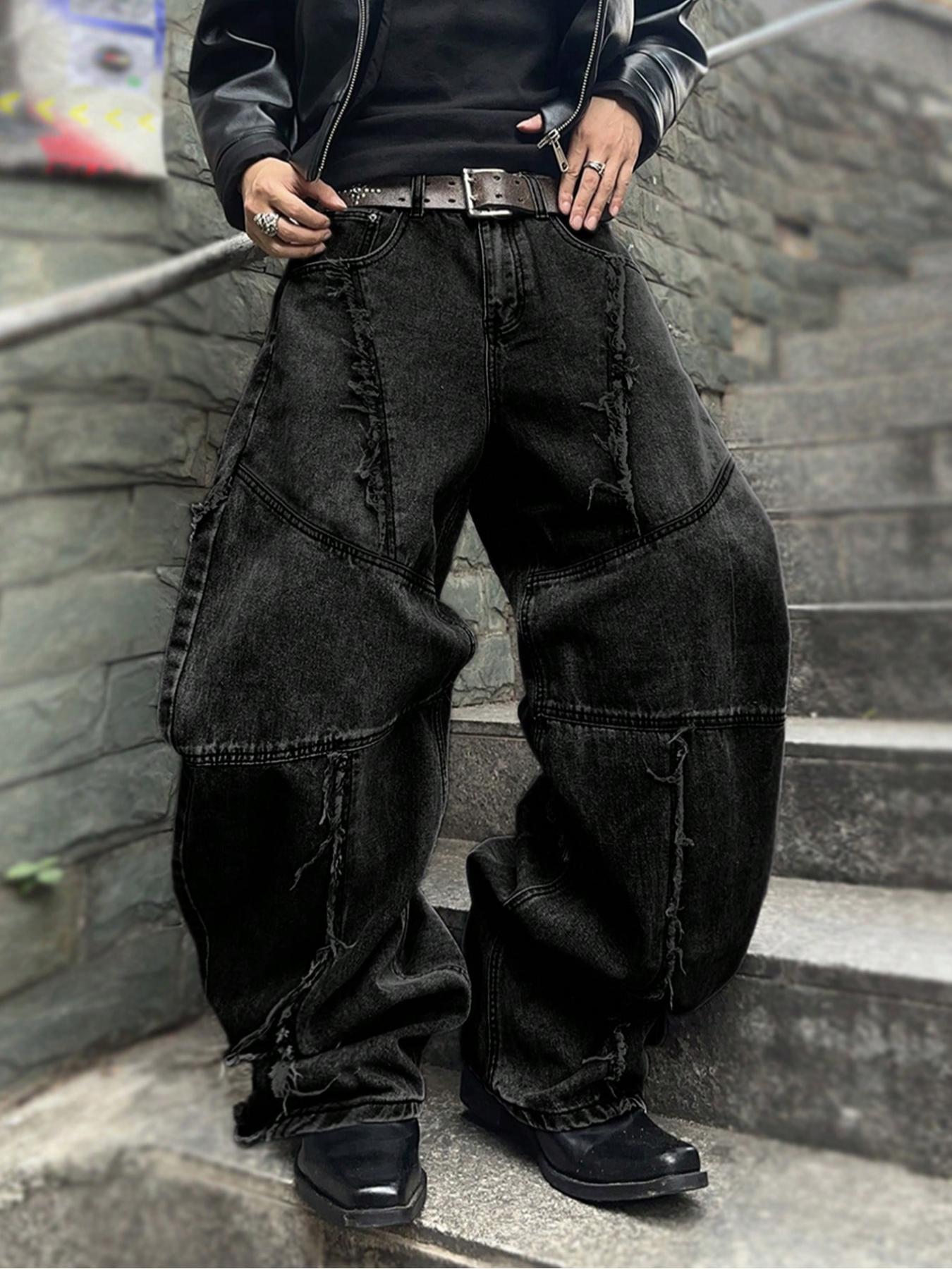 Men's Street Style Streetwear Raw Hem Jeans, Casual Comfy Denim Jeans for Daily Wear, Wide Leg Jeans Bottoms for Men