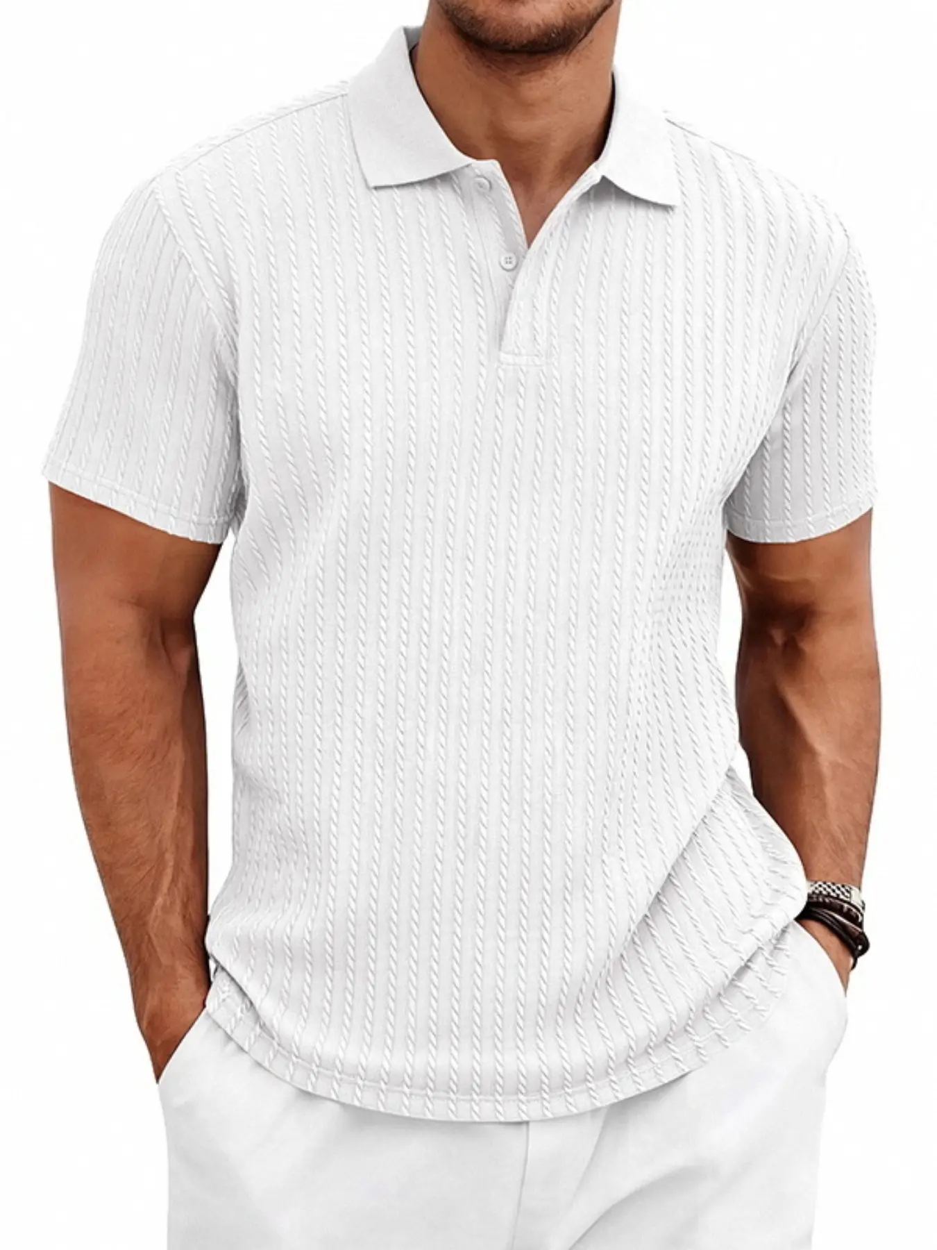 Luxury Textured Collar Short Sleeve Polo Shirts, Vertical Hemp Pattern Soft Fabric, Slim Fit, Casual Wear, Versatile Men's Clothing, Menswear, Buttoned Polo Shirt, Knitted Polo Shirt