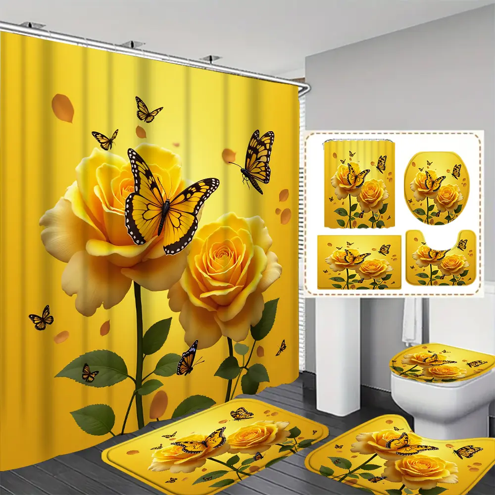 4-Piece Yellow Rose Butterfly Printed Shower Curtain Set, High Quality Shower Curtain Cute with 12 Hooks, Non-Slip Floor Mats, Toilet Mats and U-Shaped Mats - Modern Decorated Bathroom Accessories Set