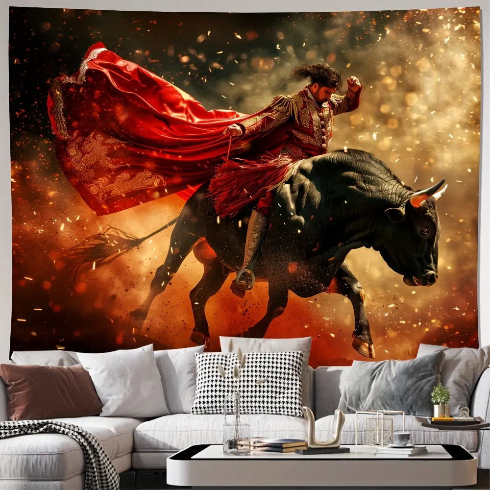People-In-Action Dynamic Bullfight Scene Synthetic Polyester Wall Tapestry Wall Hanging - Indoor Home Decor for Living Room, Bedroom - No Electricity Supply Needed, Includes Installation Package