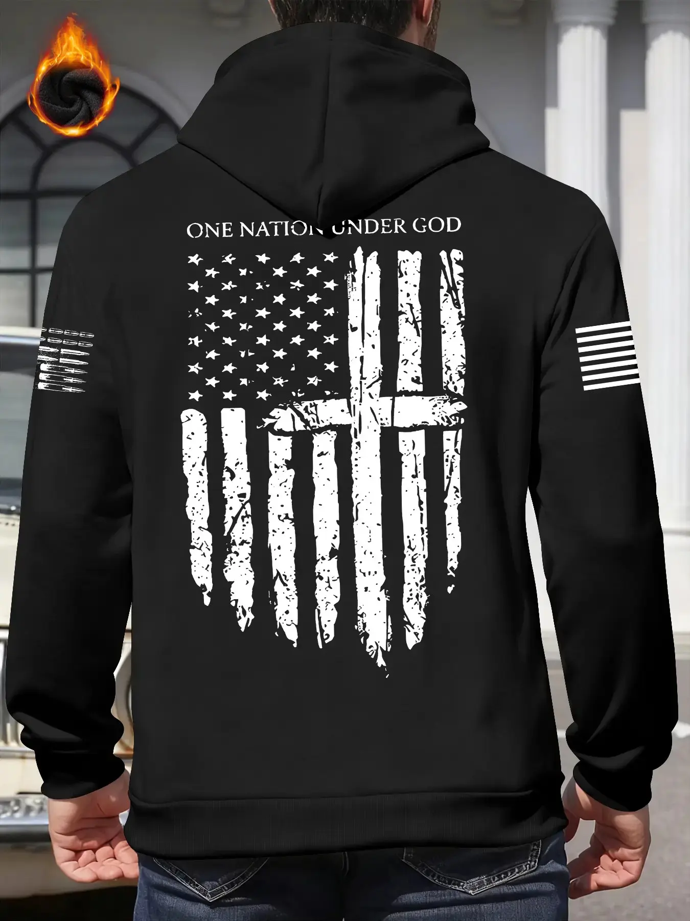 Men Vintage Printed Fleece‑Lined Hoodie, Muscle‑Friendly Loose Cut Constant‑Temperature Warm Sweatshirt, Versatile One‑Wear‑Multiple‑Ways Street Style Pullover Top for Camping, Walking, Workout, Patriotic Events & Daily Outings