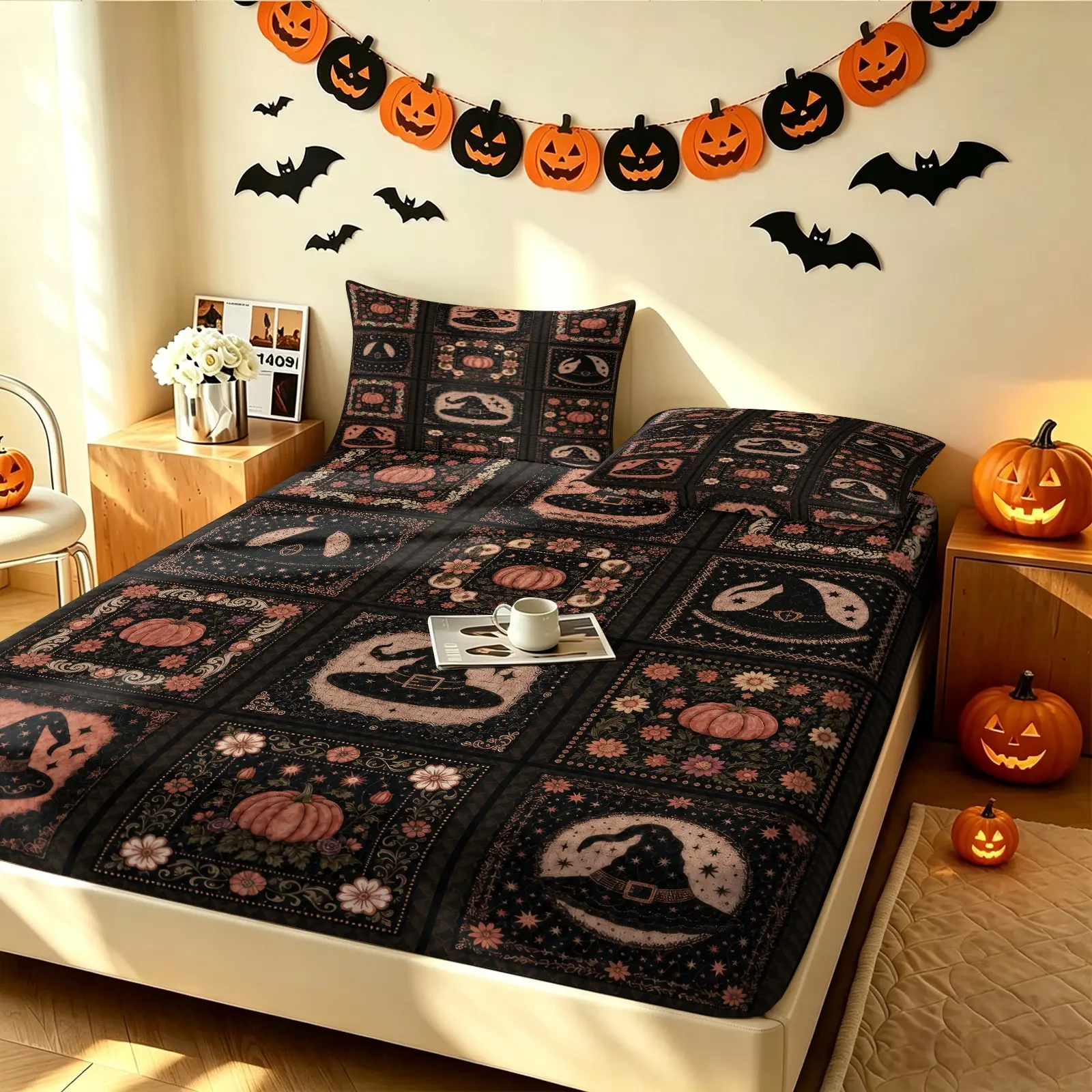 Vintage Witch Pumpkin Fitted Sheet Set, Retro Halloween Patchwork Print Bed Sheets Set, 1 Fitted Sheet & 2 Pillowcase No Filling, Soft Deep Pocket Bedding Set, Gift for Teens Adults Bedroom Decor, Bedding Essentials